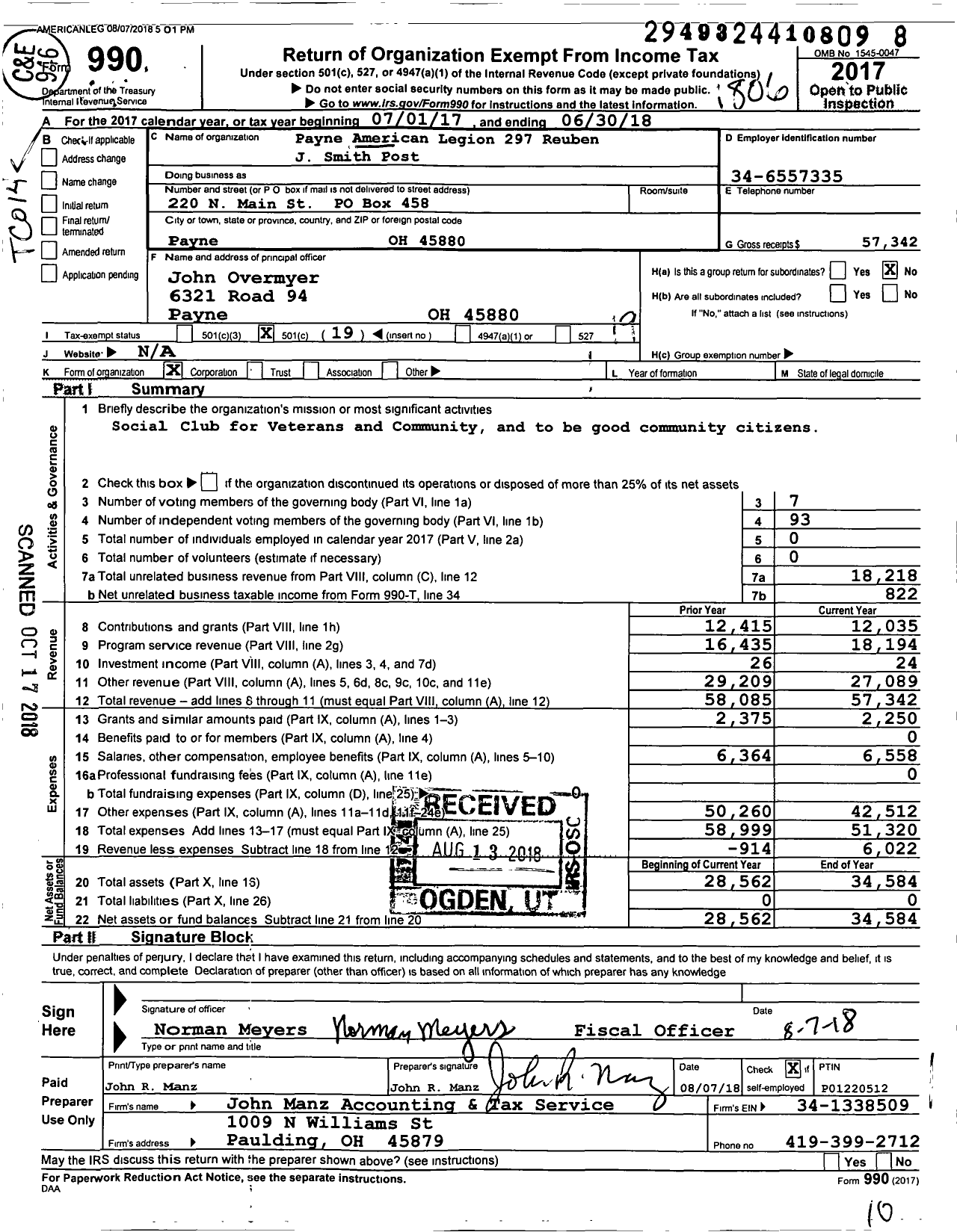 Image of first page of 2017 Form 990O for Payne American Legion 297 Reuben J Smith Post