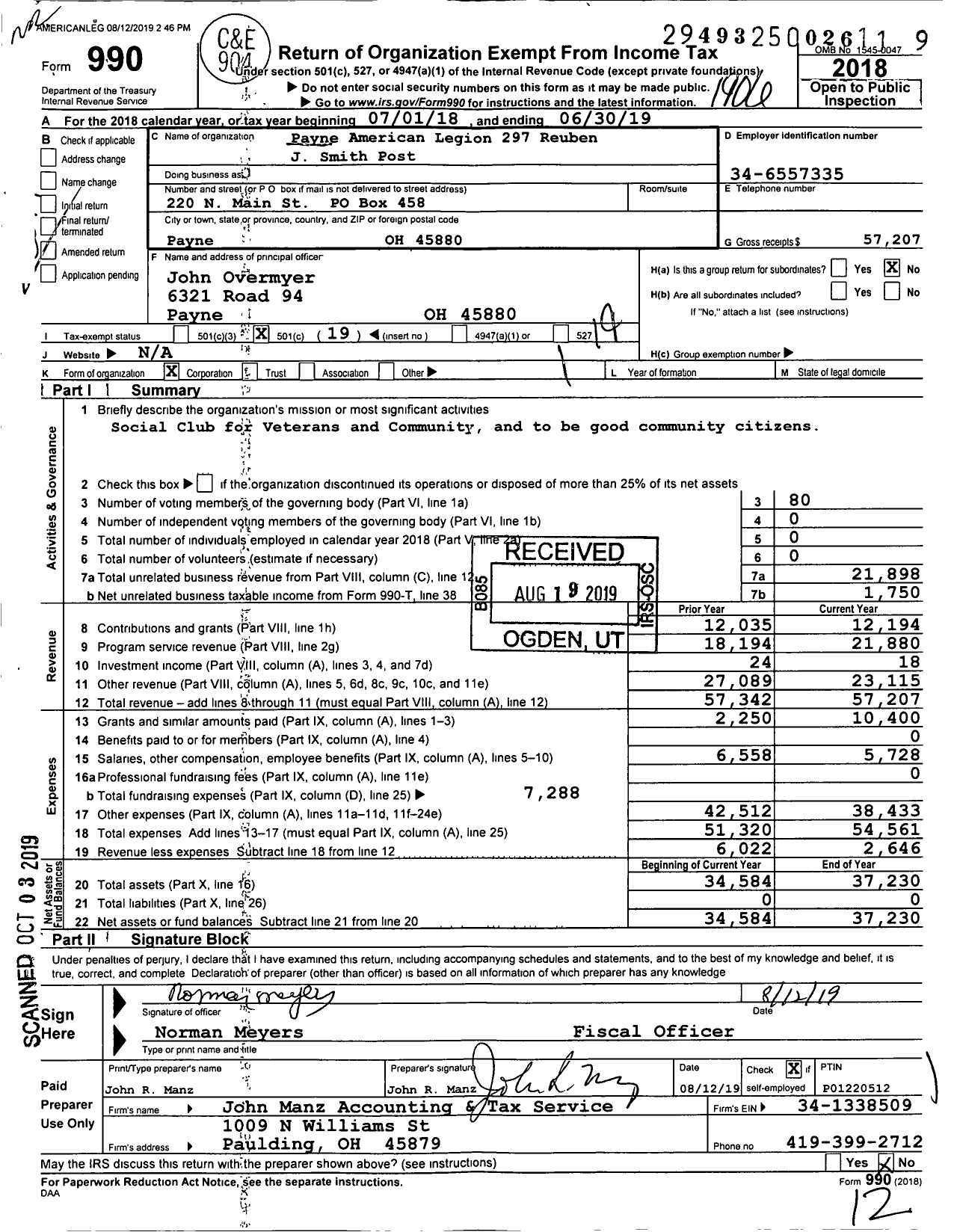 Image of first page of 2018 Form 990O for Payne American Legion 297 Reuben J Smith Post