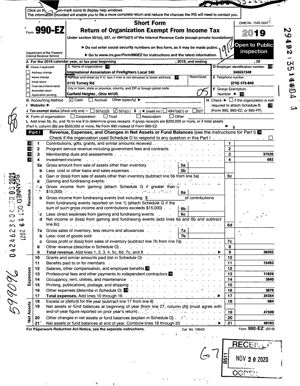 Image of first page of 2019 Form 990EO for International Association of Fire Fighters - L0340 Garfield Heights