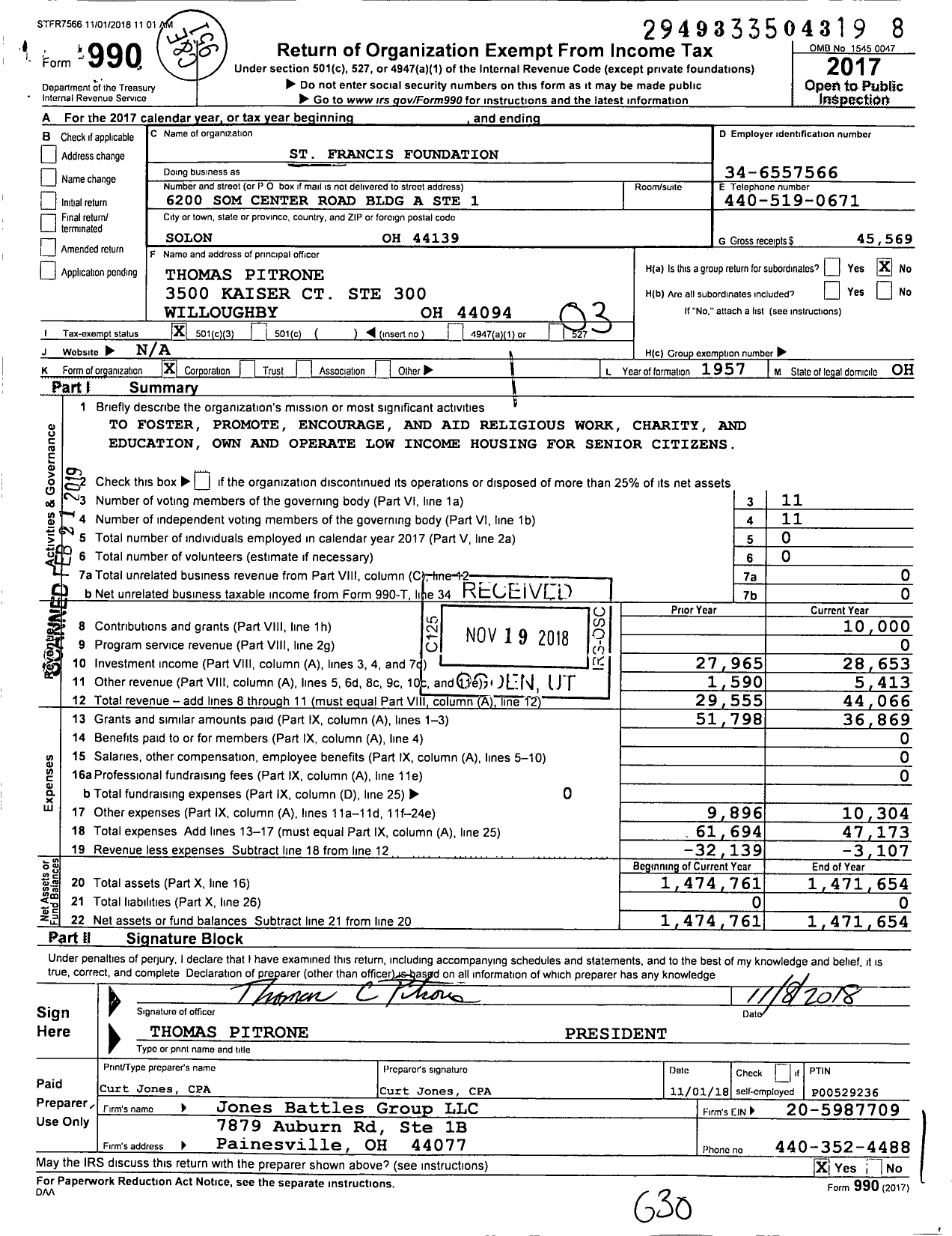 Image of first page of 2017 Form 990 for St Francis Foundation