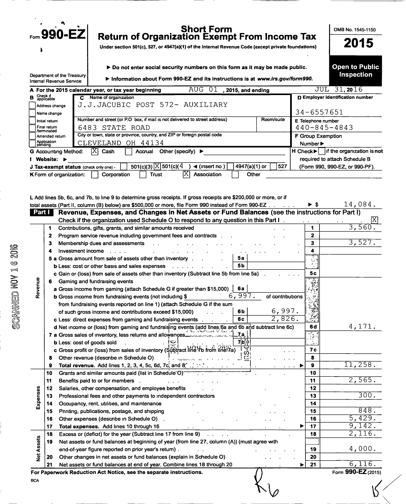 Image of first page of 2015 Form 990EO for American Legion Auxiliary - 572 Joseph Jacubic