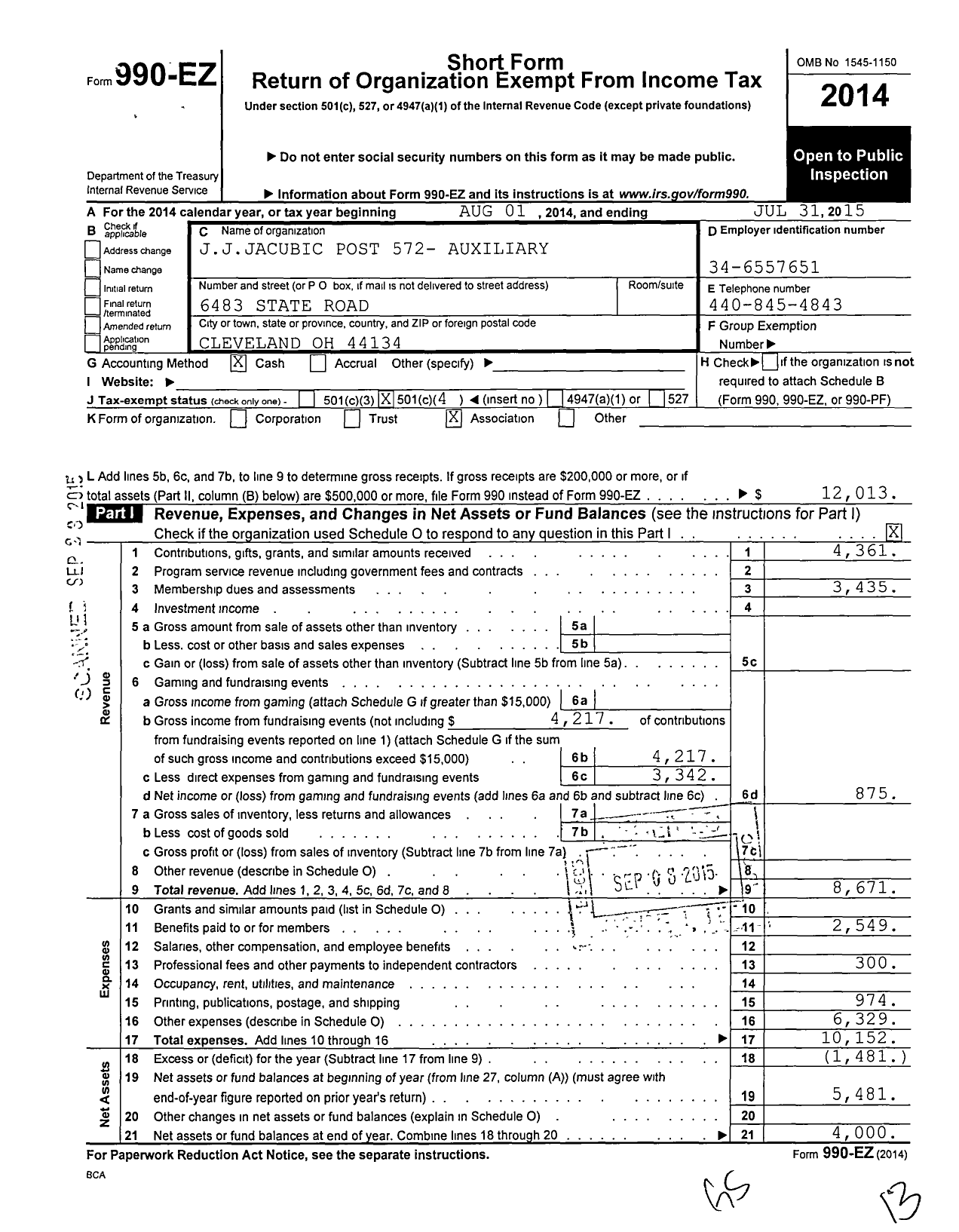 Image of first page of 2014 Form 990EO for American Legion Auxiliary - 572 Joseph Jacubic