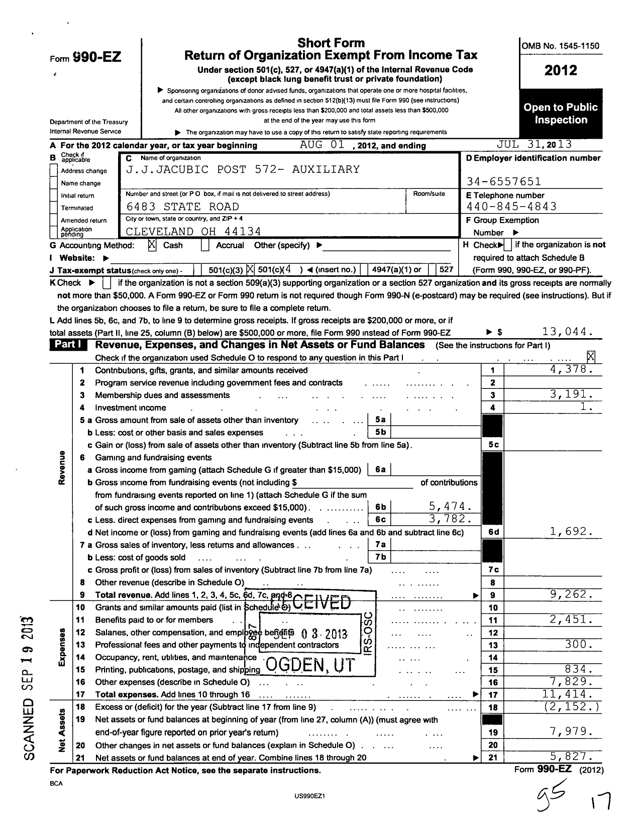 Image of first page of 2012 Form 990EO for American Legion Auxiliary - 572 Joseph Jacubic