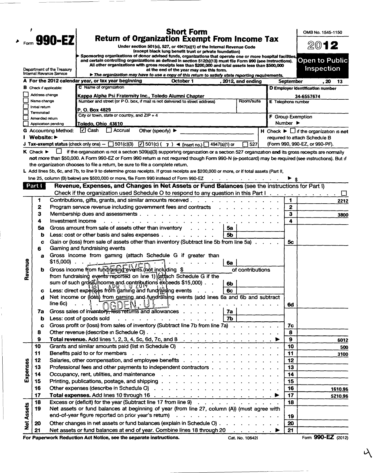 Image of first page of 2012 Form 990EO for Kappa Alpha Psi Fraterntiy / Toledo Alumni Chapter