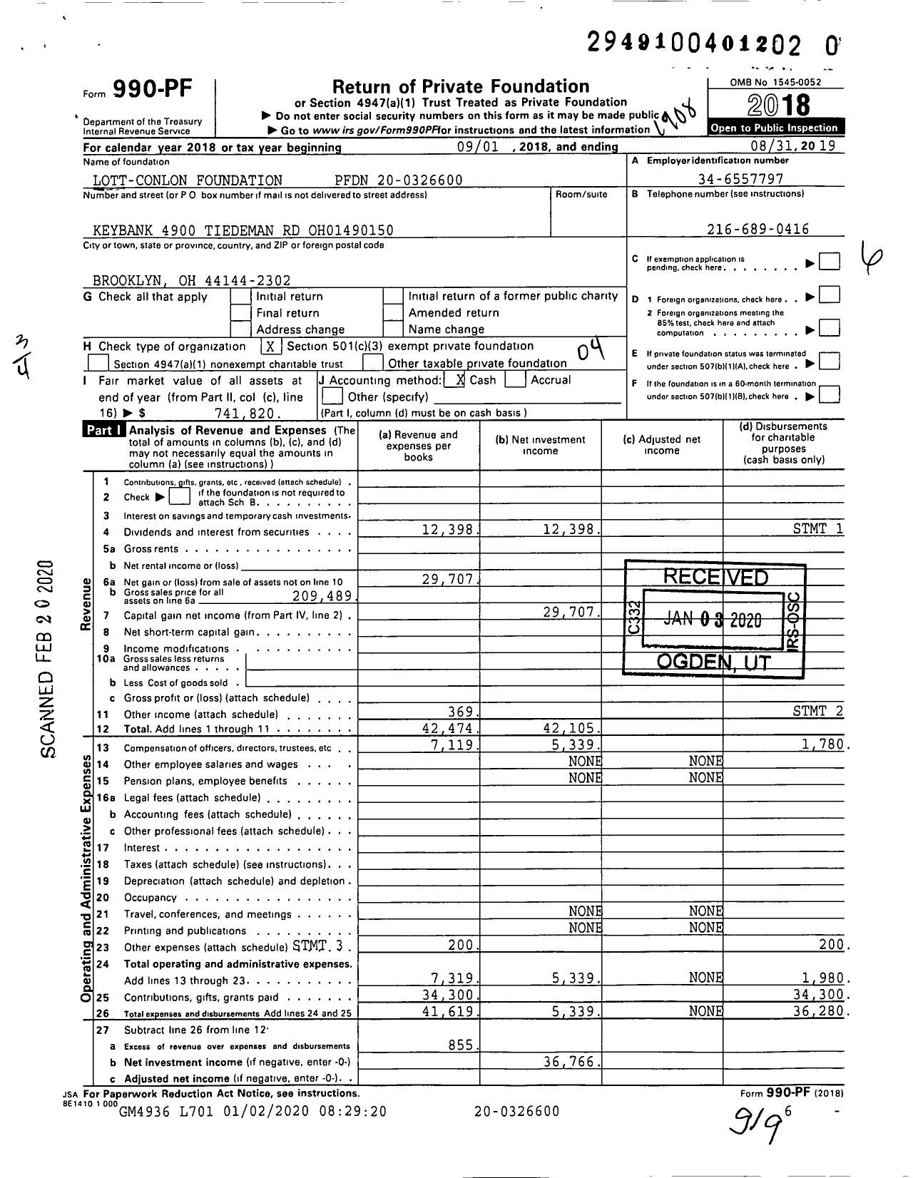 Image of first page of 2018 Form 990PF for Lott-Conlon Foundation PFDN