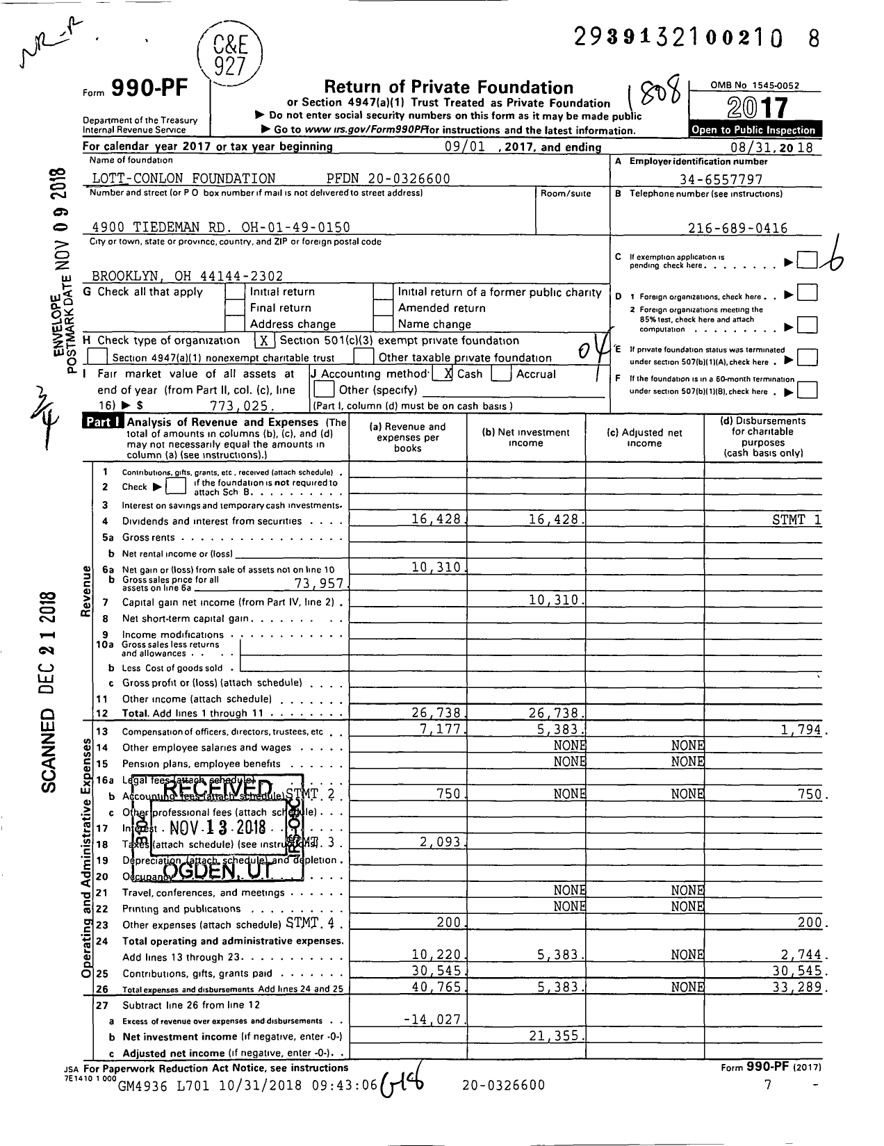 Image of first page of 2017 Form 990PF for Lott-Conlon Foundation PFDN