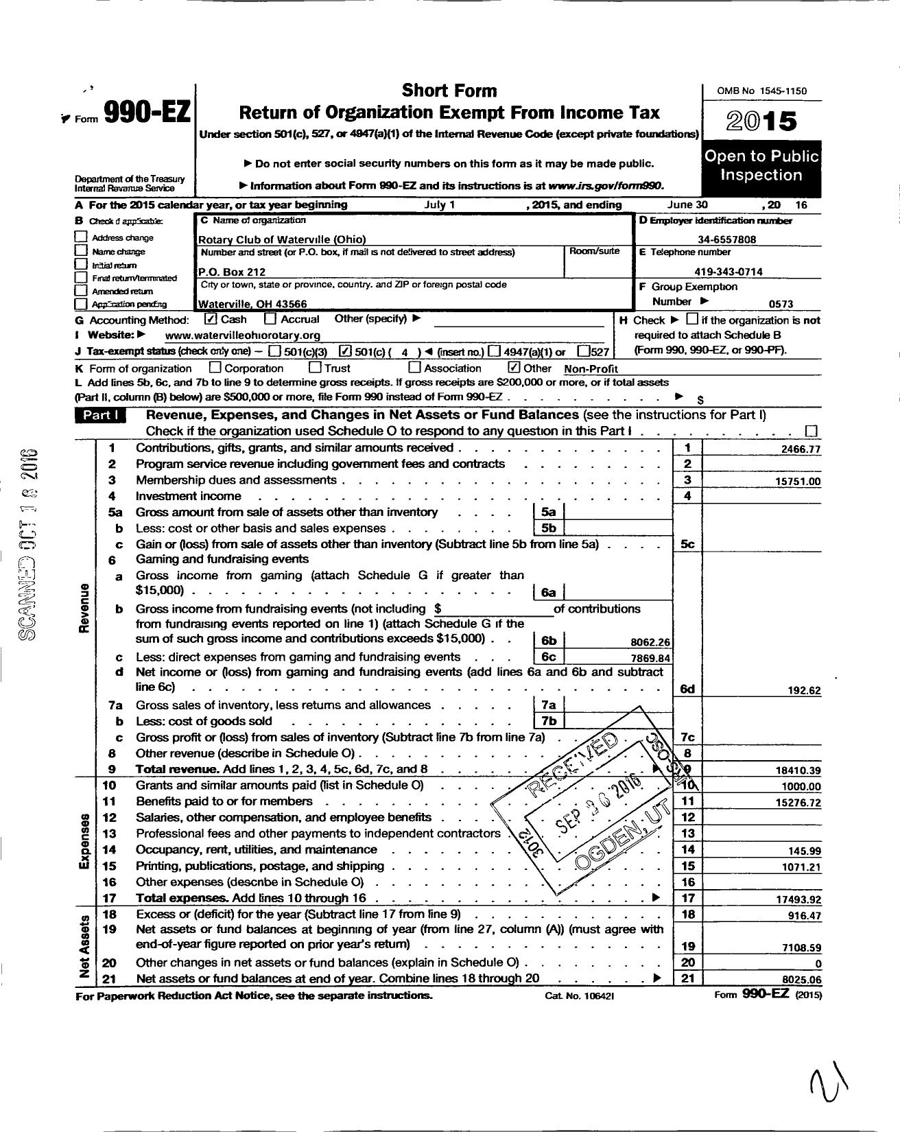 Image of first page of 2015 Form 990EO for Rotary International - Waterville Rotary Club