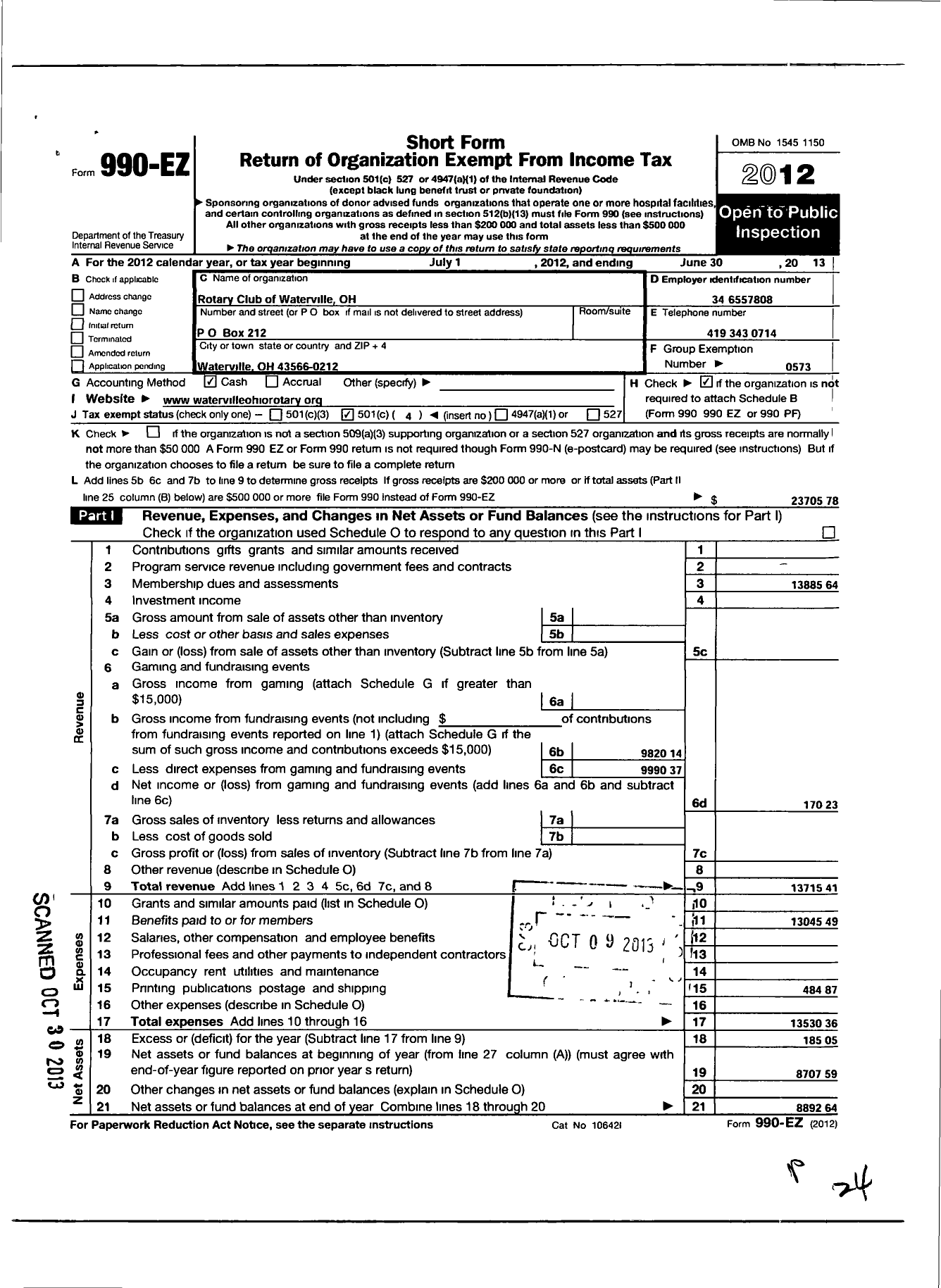 Image of first page of 2012 Form 990EO for Rotary International - Waterville Rotary Club