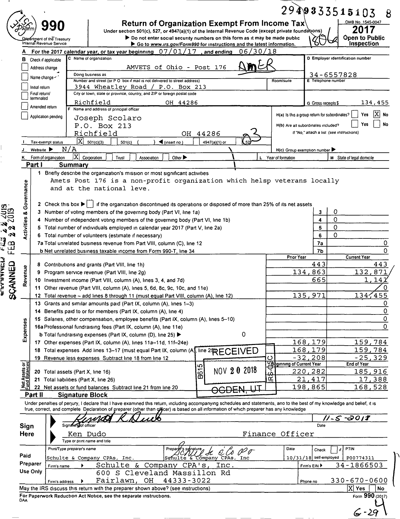 Image of first page of 2017 Form 990 for Amvets - 0176-oh