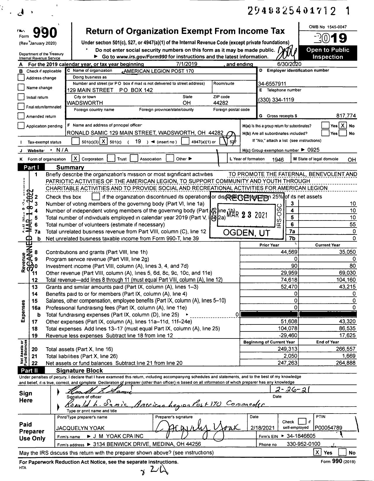 Image of first page of 2019 Form 990O for American Legion - 170 Wadsworth Oh Post