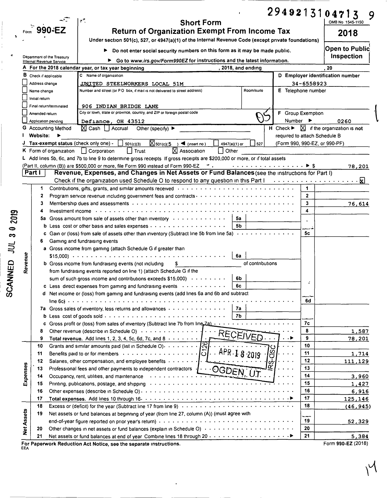 Image of first page of 2018 Form 990EO for United Steelworkers International Local Union 51M