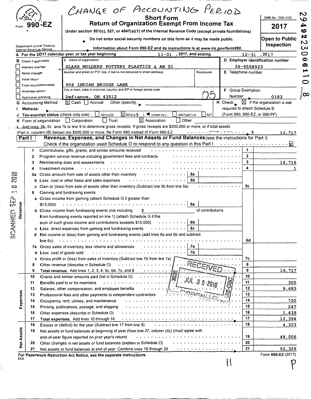 Image of first page of 2017 Form 990EO for United Steelworkers International Local Union 51M