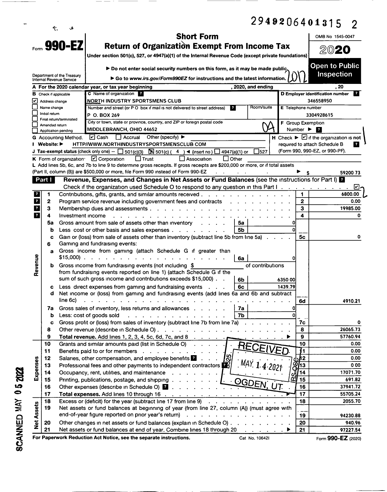 Image of first page of 2020 Form 990EO for North Industry Sportsmens Club