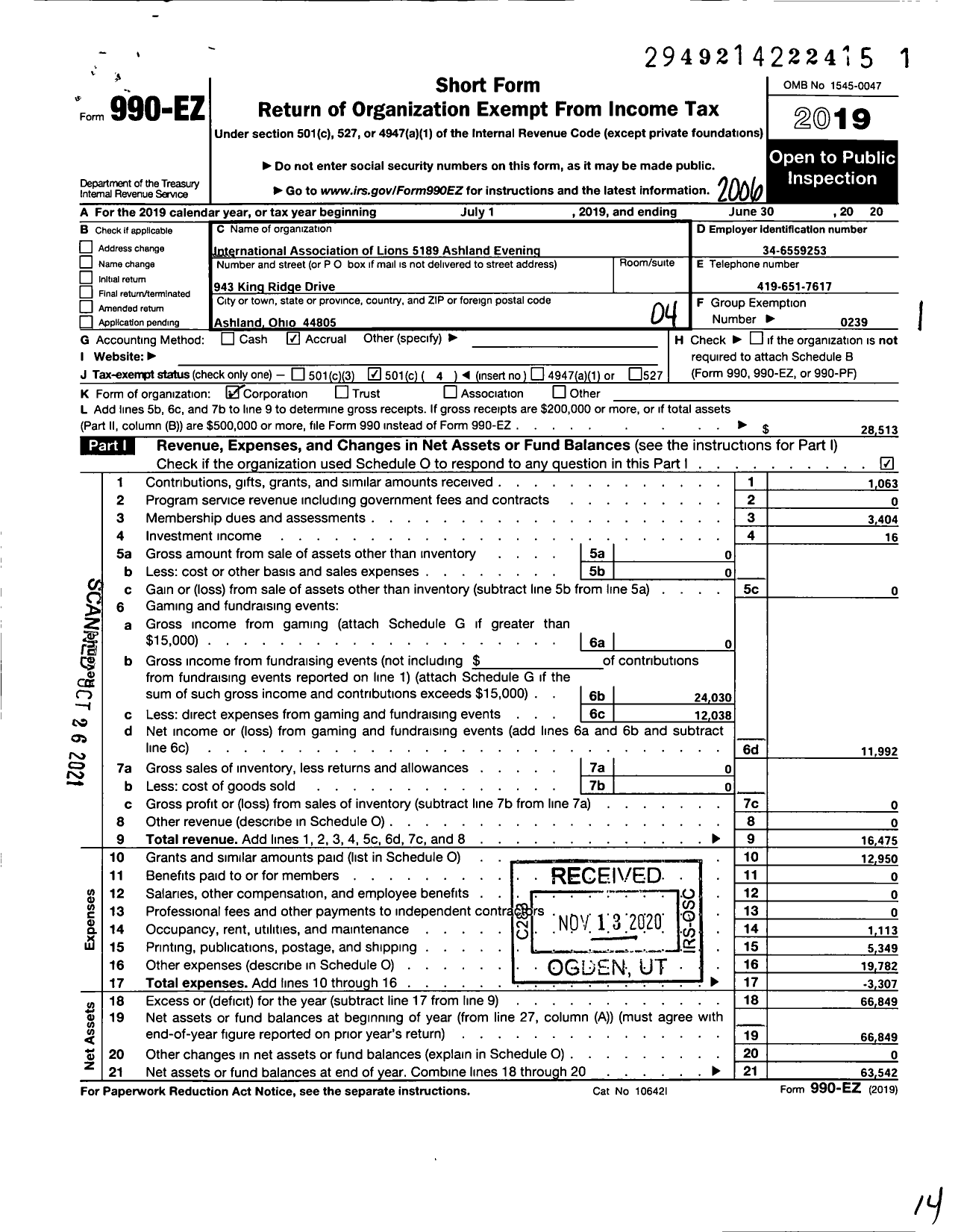 Image of first page of 2019 Form 990EO for Lions Clubs - 5189 Ashland Evening