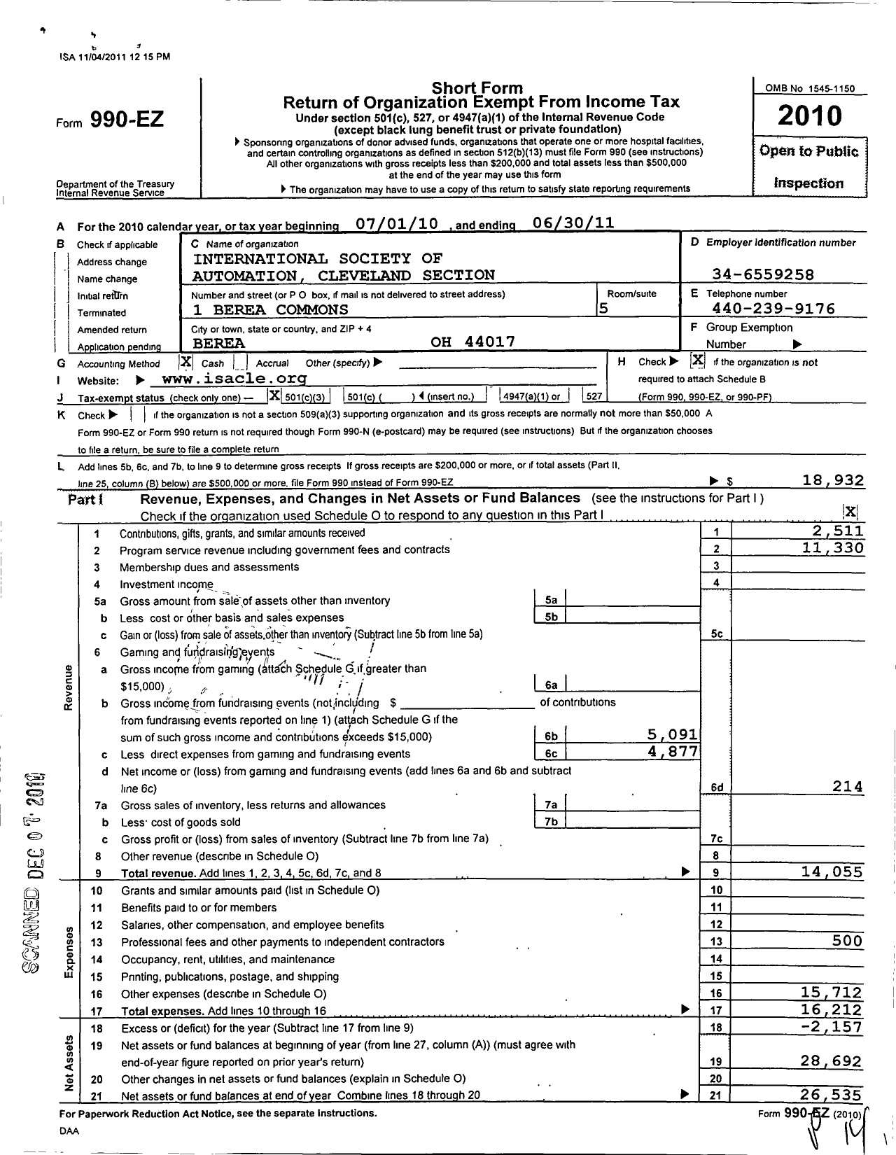 Image of first page of 2010 Form 990EZ for International Society of Automation / Cleveland Section