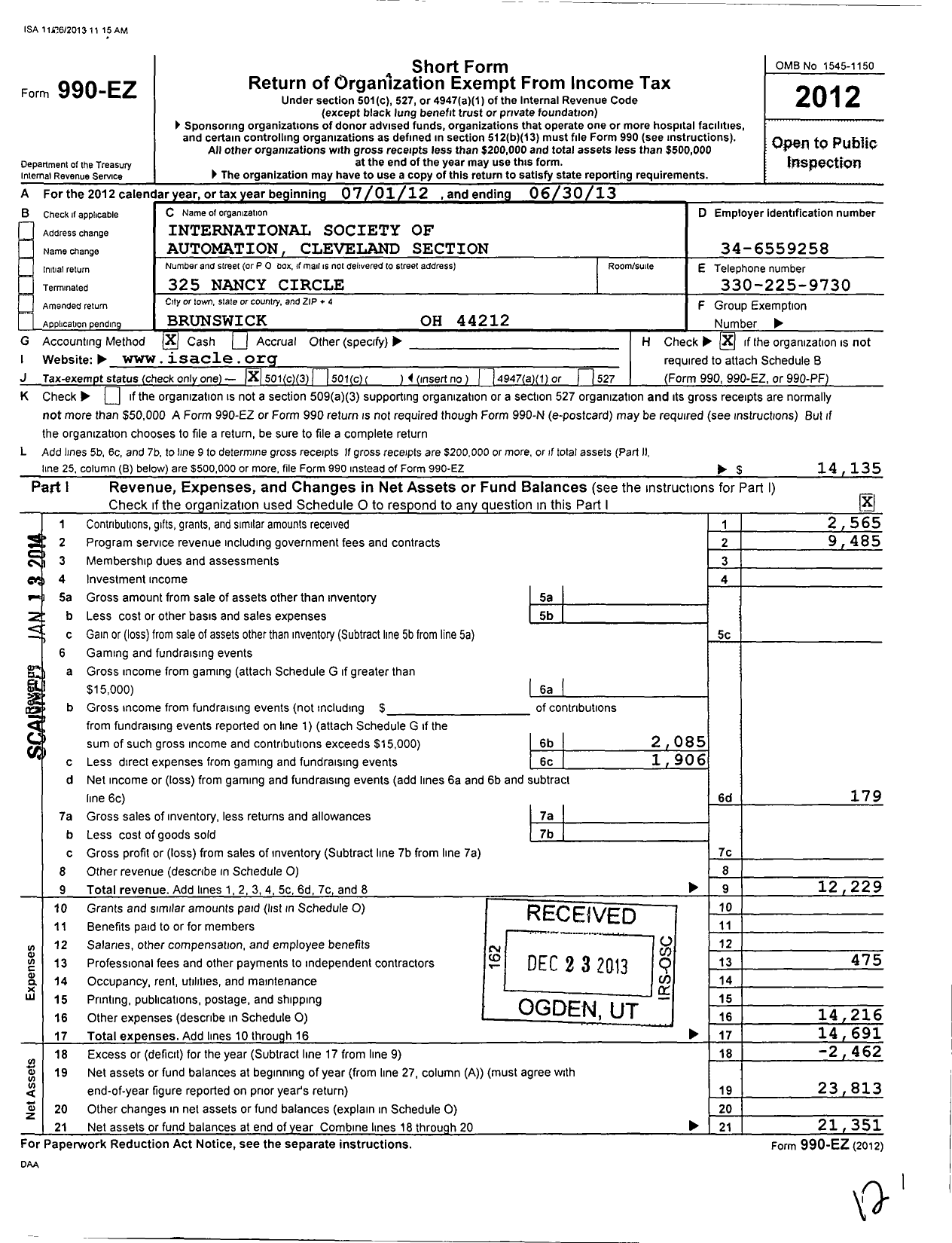 Image of first page of 2012 Form 990EZ for International Society of Automation / Cleveland Section