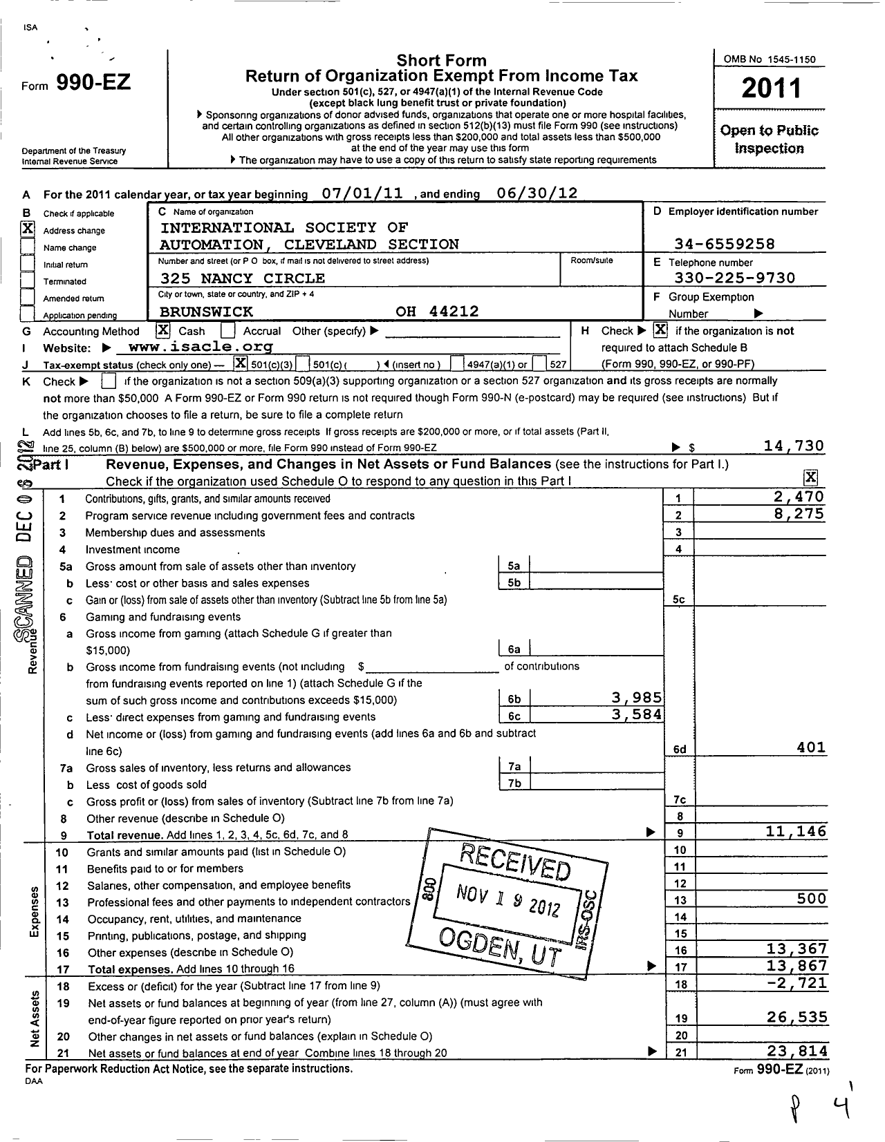 Image of first page of 2011 Form 990EZ for International Society of Automation / Cleveland Section