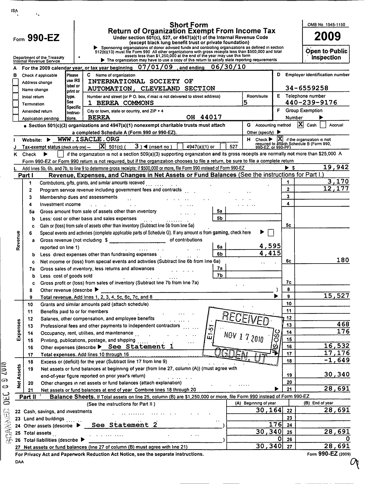 Image of first page of 2009 Form 990EZ for International Society of Automation / Cleveland Section