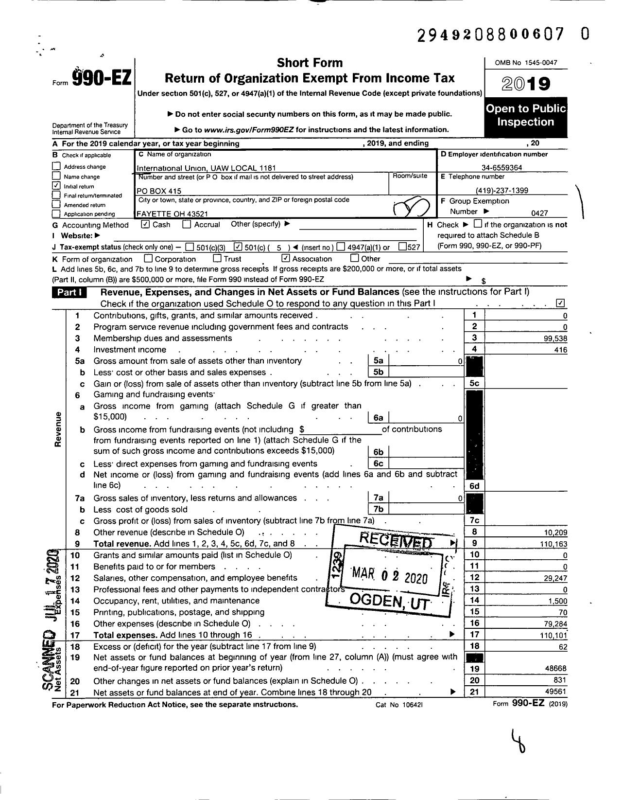 Image of first page of 2019 Form 990EO for UAW - International Union UAW LOCAL 1181