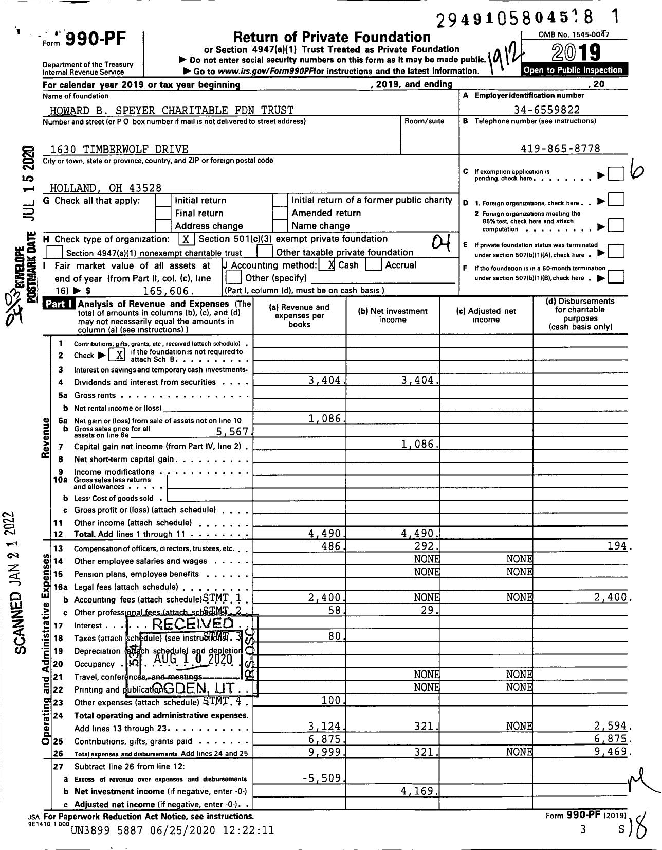 Image of first page of 2019 Form 990PF for Howard B Speyer Charitable Foundation Trust