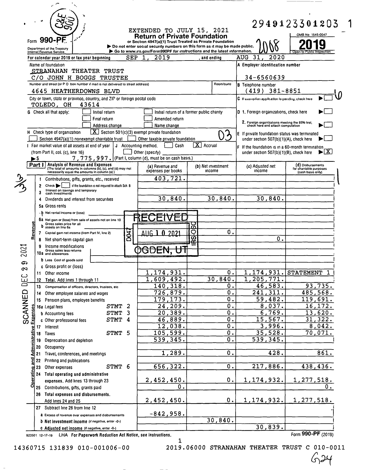 Image of first page of 2019 Form 990PF for Stranahan Theater Great Hall
