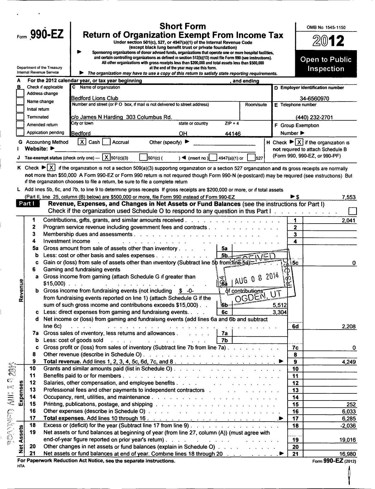 Image of first page of 2012 Form 990EZ for Lions Clubs - 5255 Bedford
