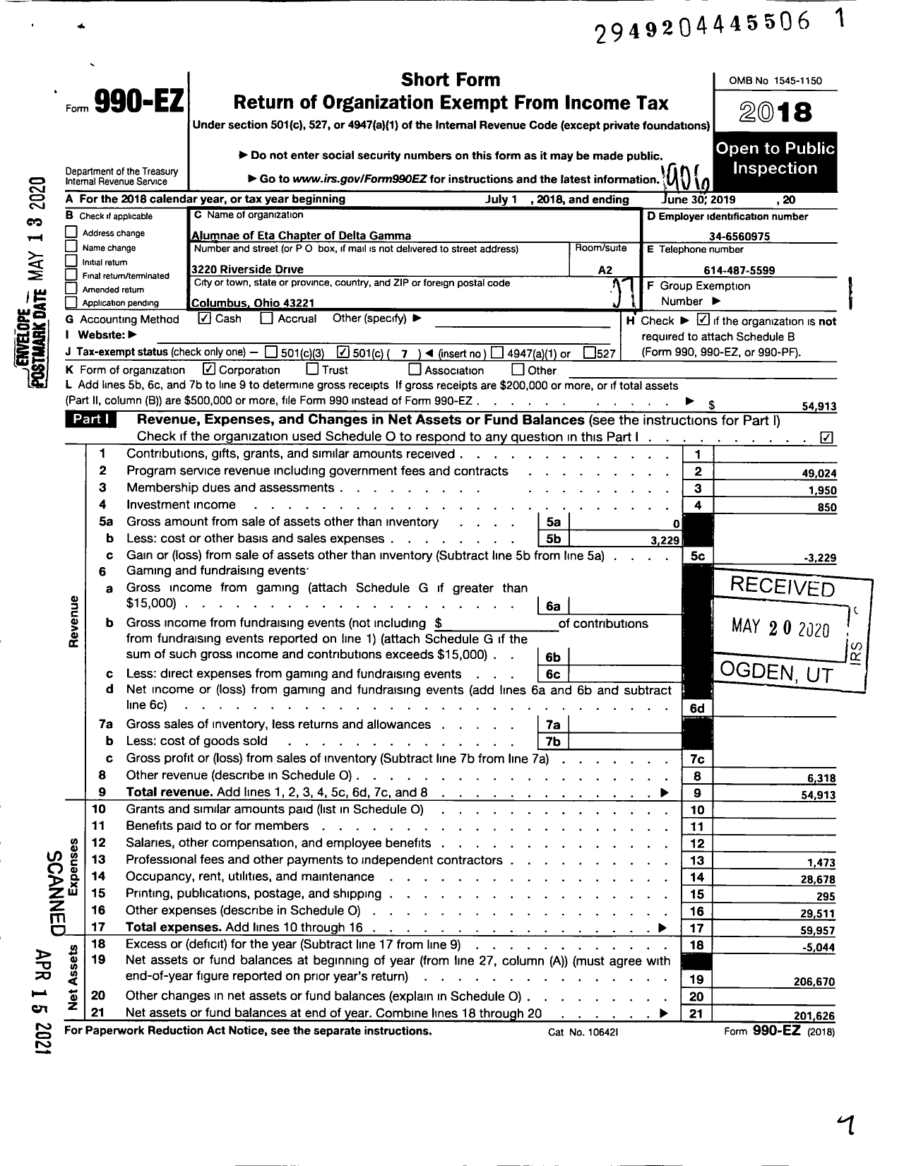 Image of first page of 2018 Form 990EO for Alumnae of Eta Chapter of Delta Gamma