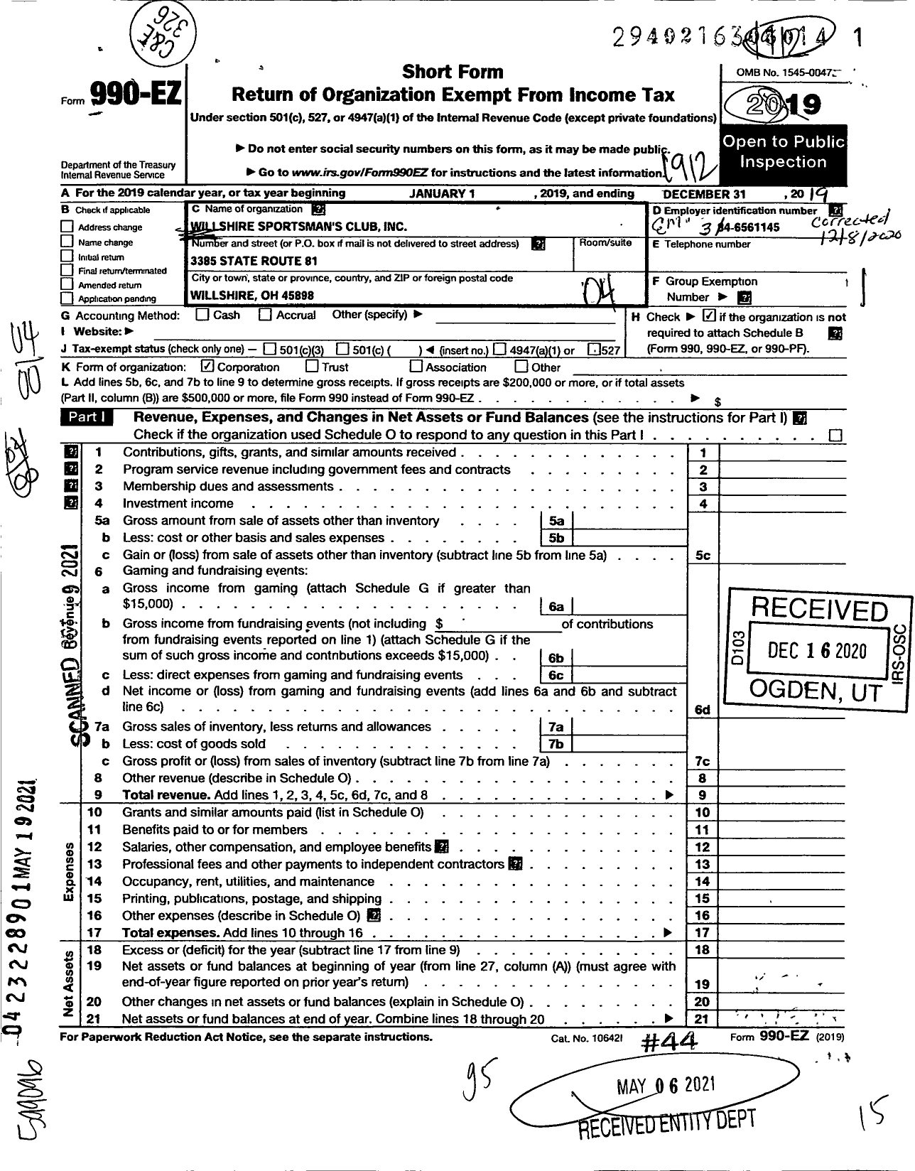 Image of first page of 2019 Form 990EO for Willshire Sportmens Club