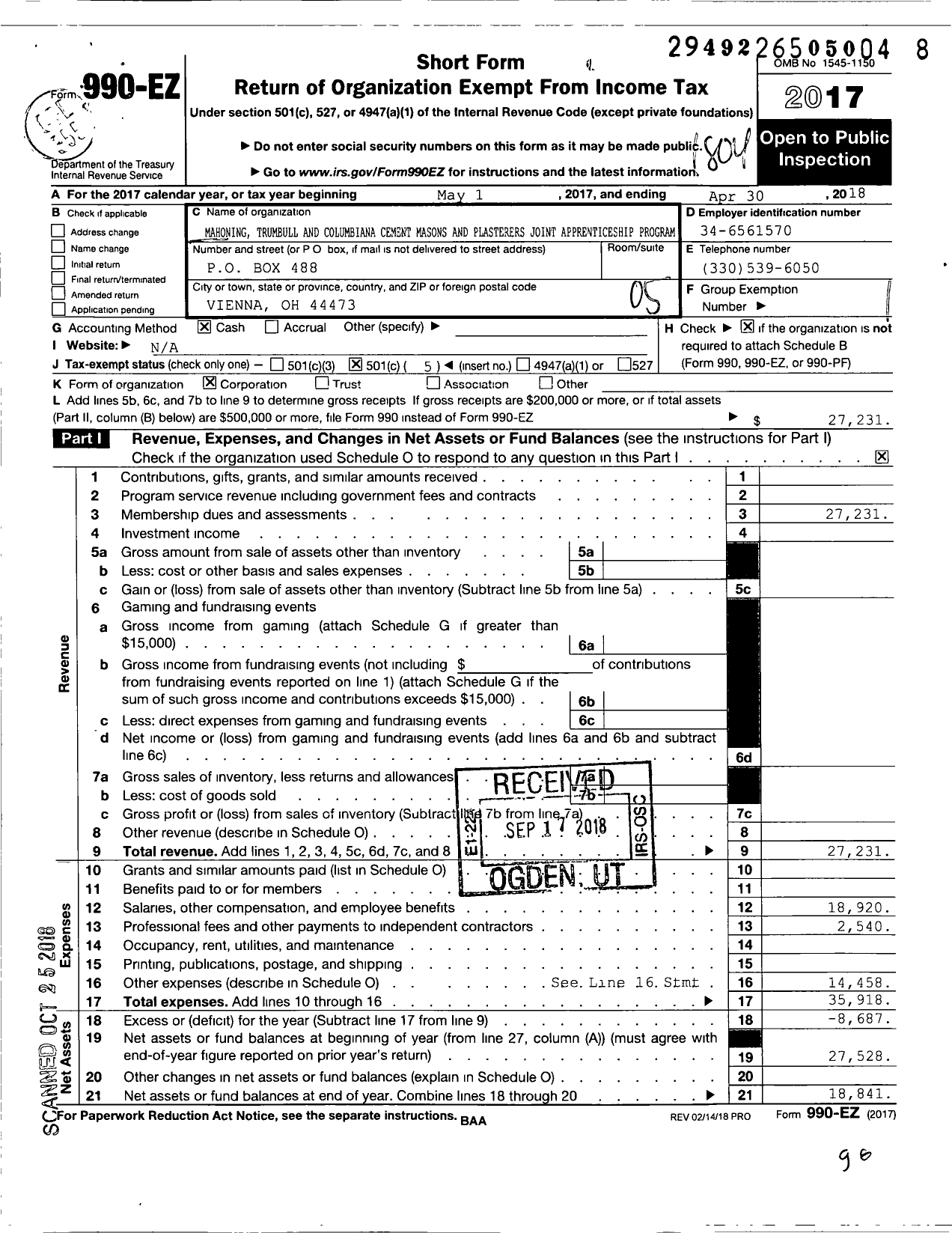 Image of first page of 2017 Form 990EO for Mahoning Trumbull and Columbiana Cement Masons and Plasterers Joint Apprent