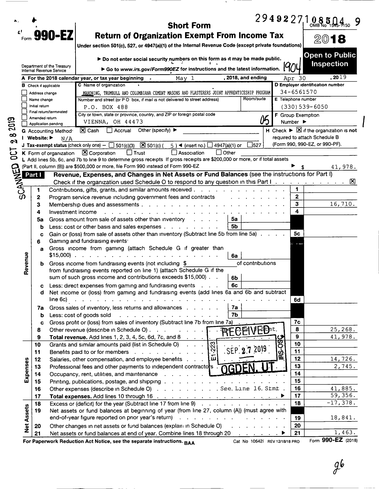 Image of first page of 2018 Form 990EO for Mahoning Trumbull and Columbiana Cement Masons and Plasterers Joint Apprent