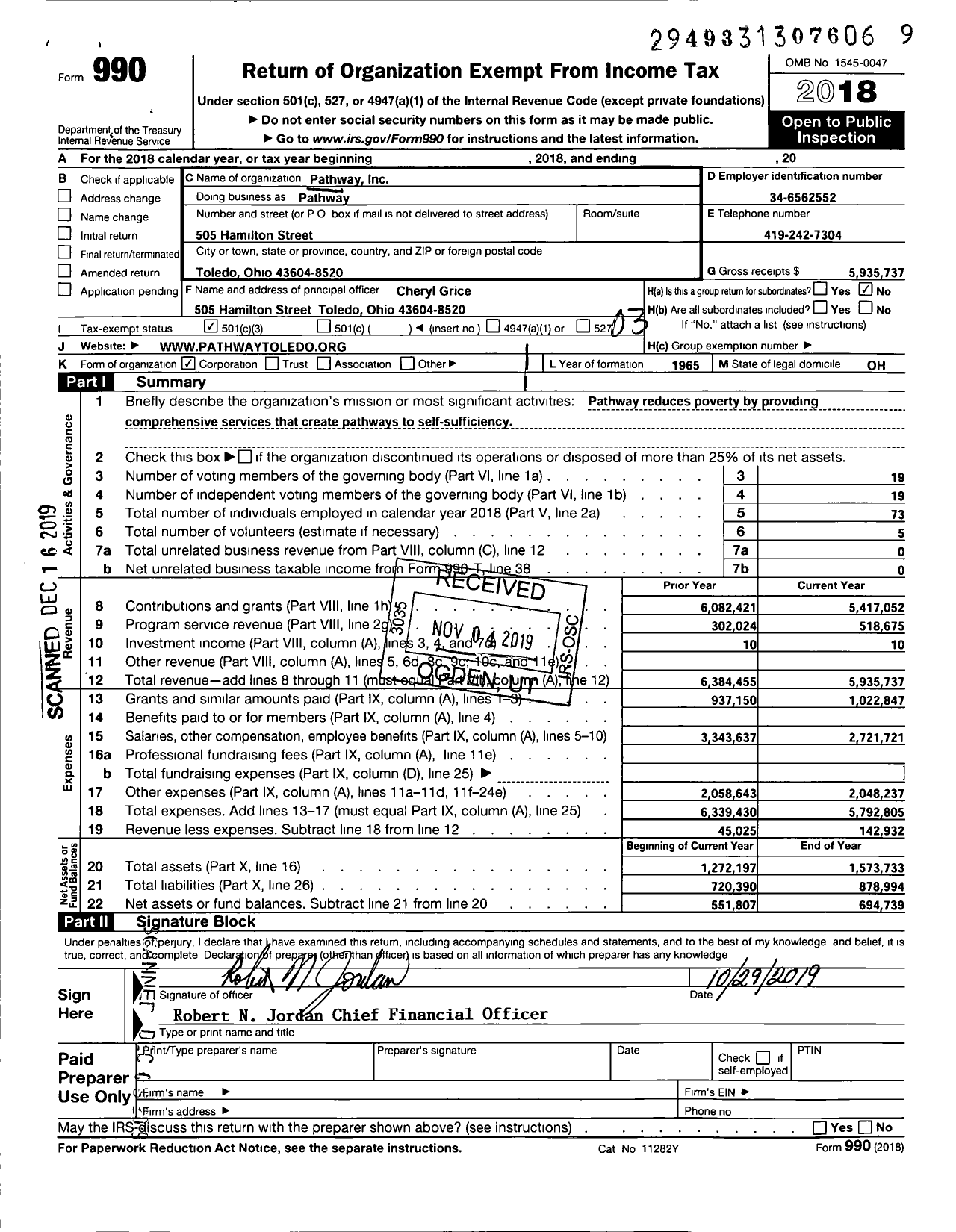 Image of first page of 2018 Form 990 for Pathway