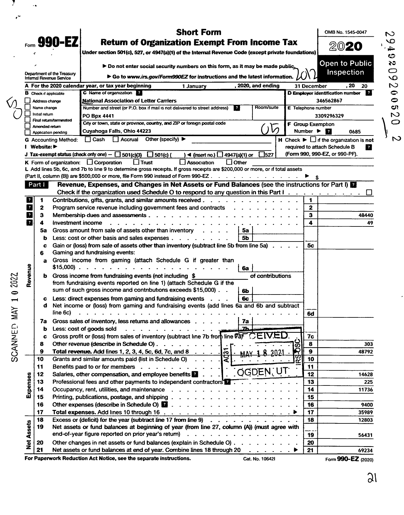 Image of first page of 2020 Form 990EO for National Association of Letter Carriers - 1629 Cuyahoga Falls Ohio