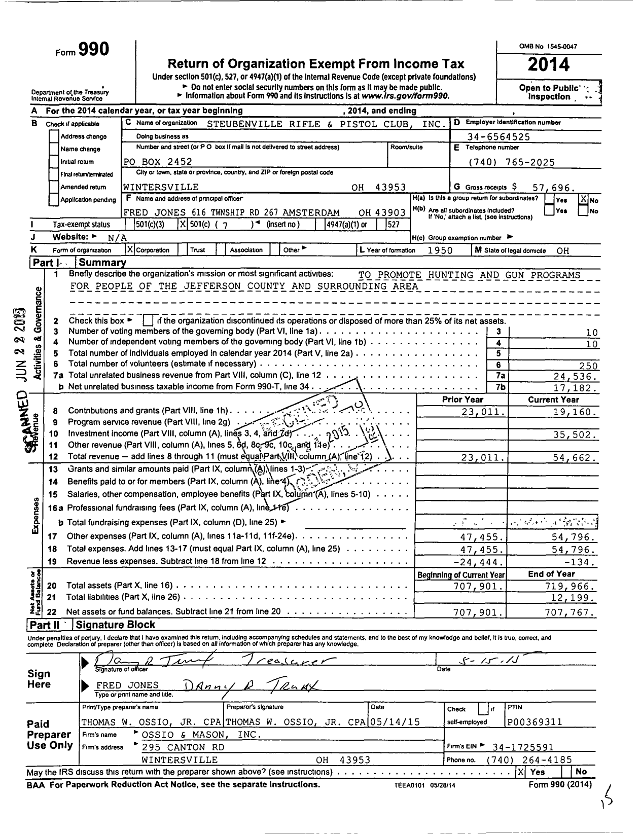 Image of first page of 2014 Form 990O for Steubenville Rifle and Pistol Club