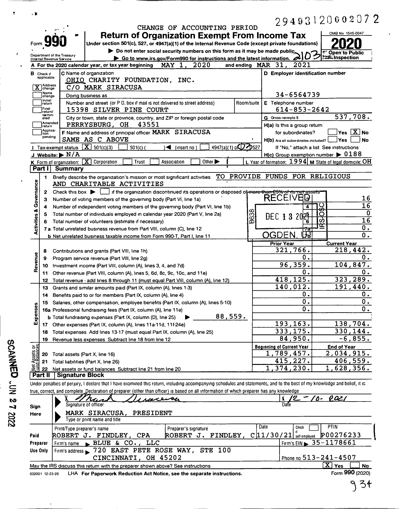 Image of first page of 2020 Form 990 for Ohio Charity Foundation