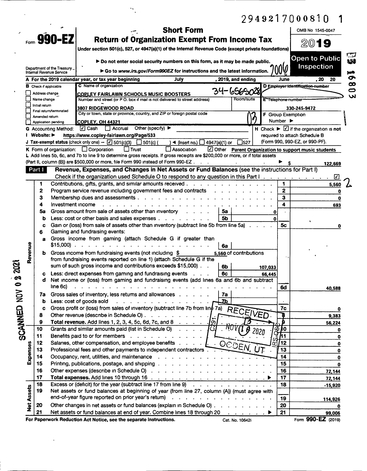 Image of first page of 2019 Form 990EZ for Copley Fairlawn Schools Music Boosters