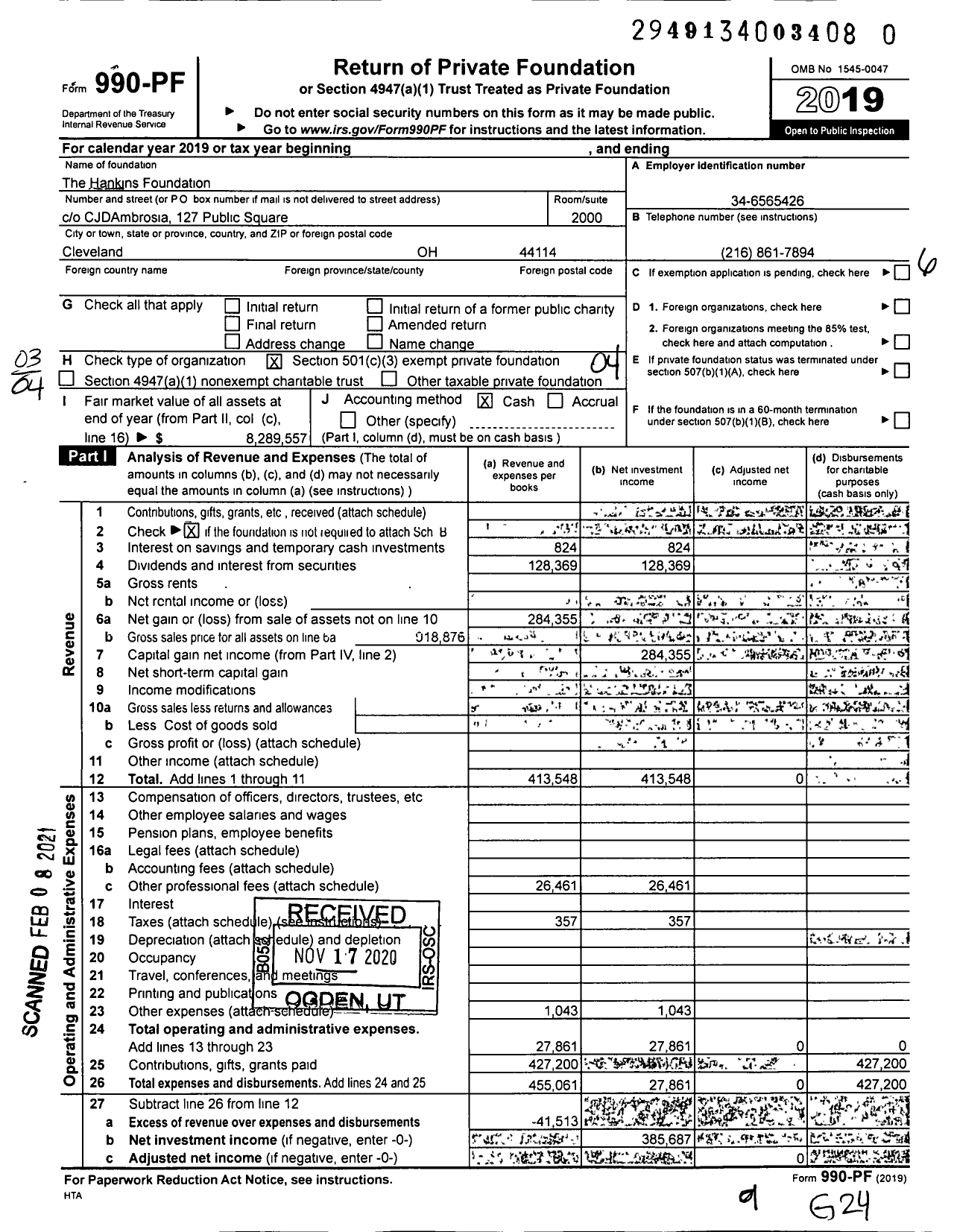 Image of first page of 2019 Form 990PF for The Hankins Foundation