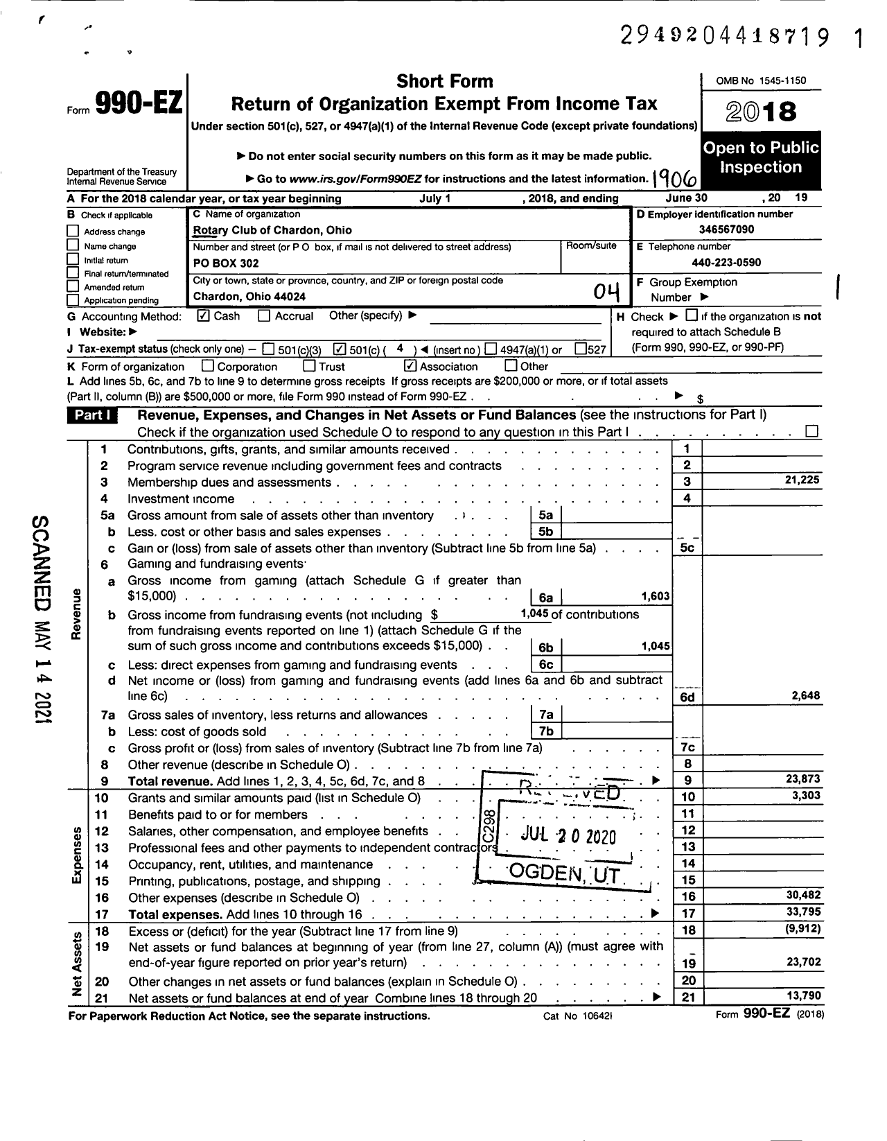 Image of first page of 2018 Form 990EO for Rotary International - Chardon Rotary Club