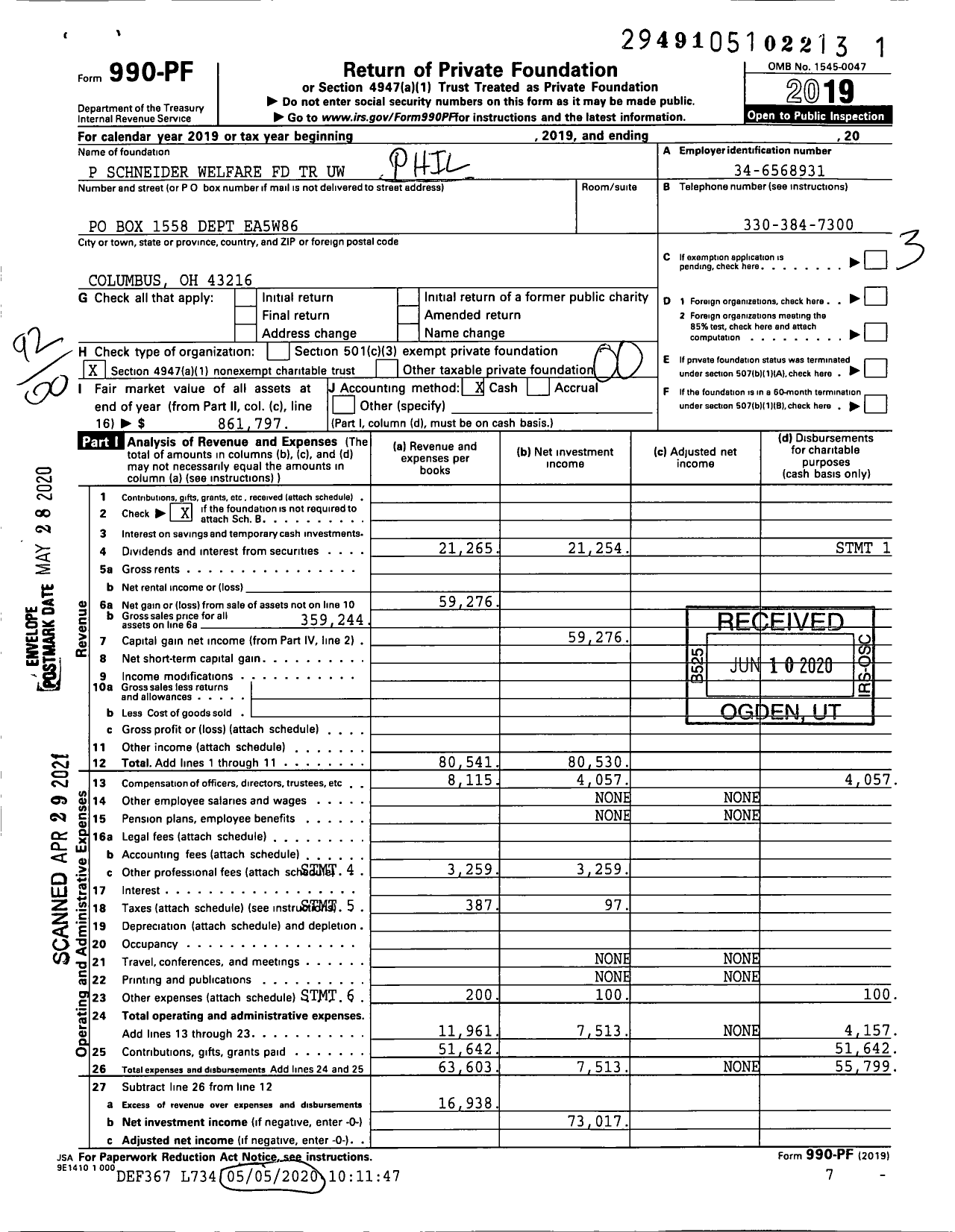 Image of first page of 2019 Form 990PF for P Schneider Welfare FD TR Uw