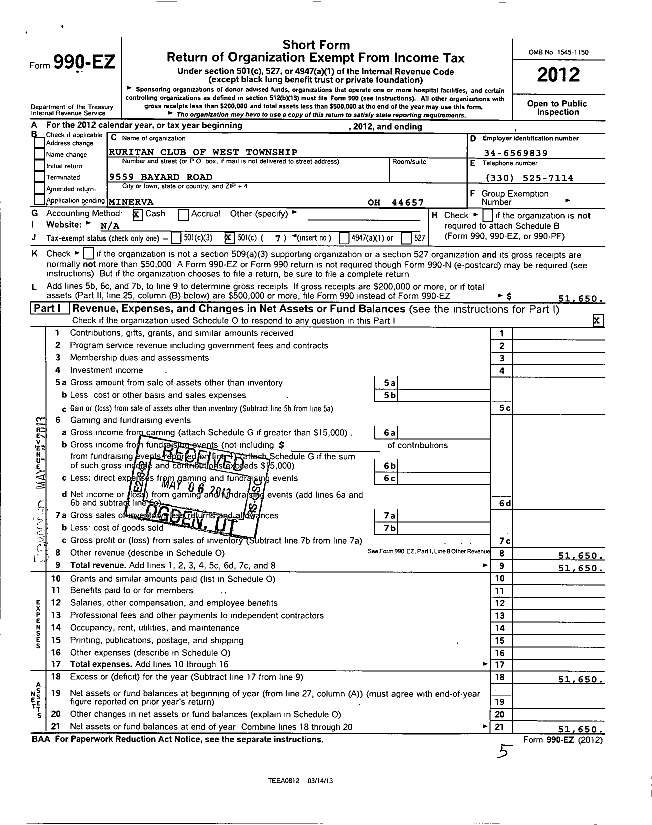 Image of first page of 2012 Form 990EO for Ruritan - West Township