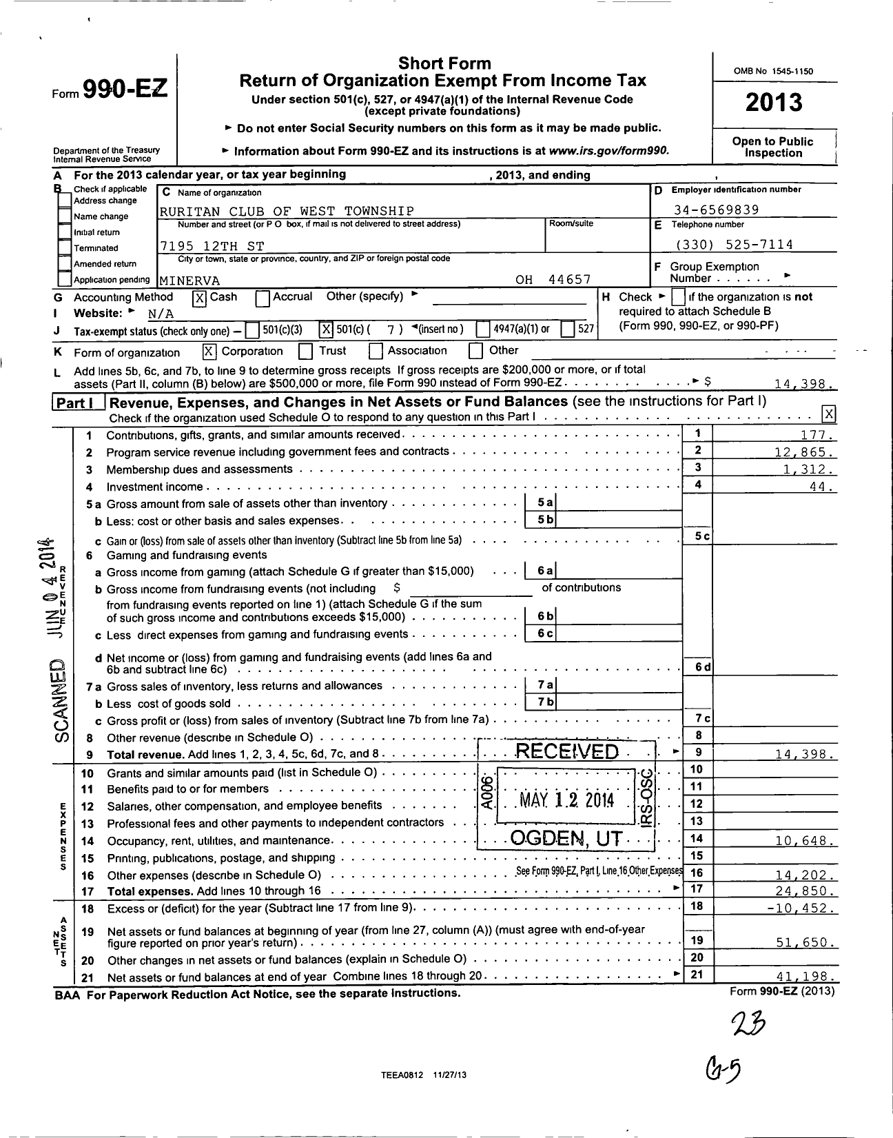 Image of first page of 2013 Form 990EO for Ruritan - West Township