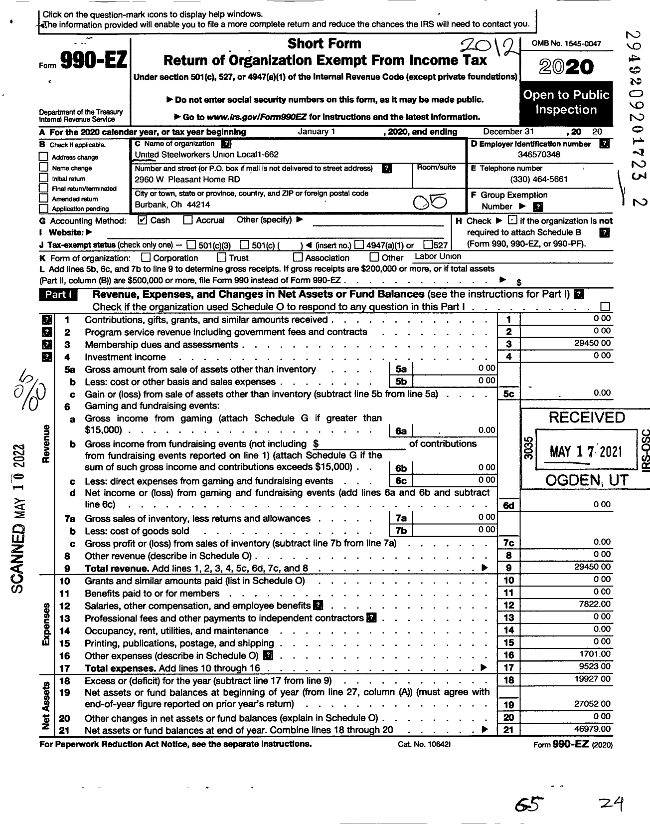 Image of first page of 2020 Form 990EO for United Steelworkers - 1-662 Local