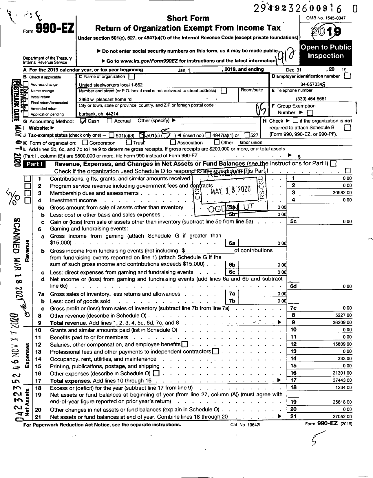 Image of first page of 2019 Form 990EO for United Steelworkers - 1-662 Local