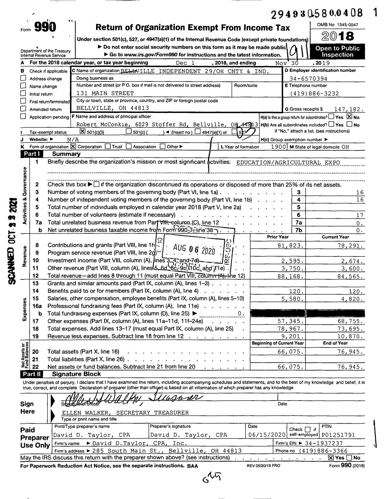 Image of first page of 2018 Form 990 for Ohio County & Independent Agricultural Societies - Bellville Independent