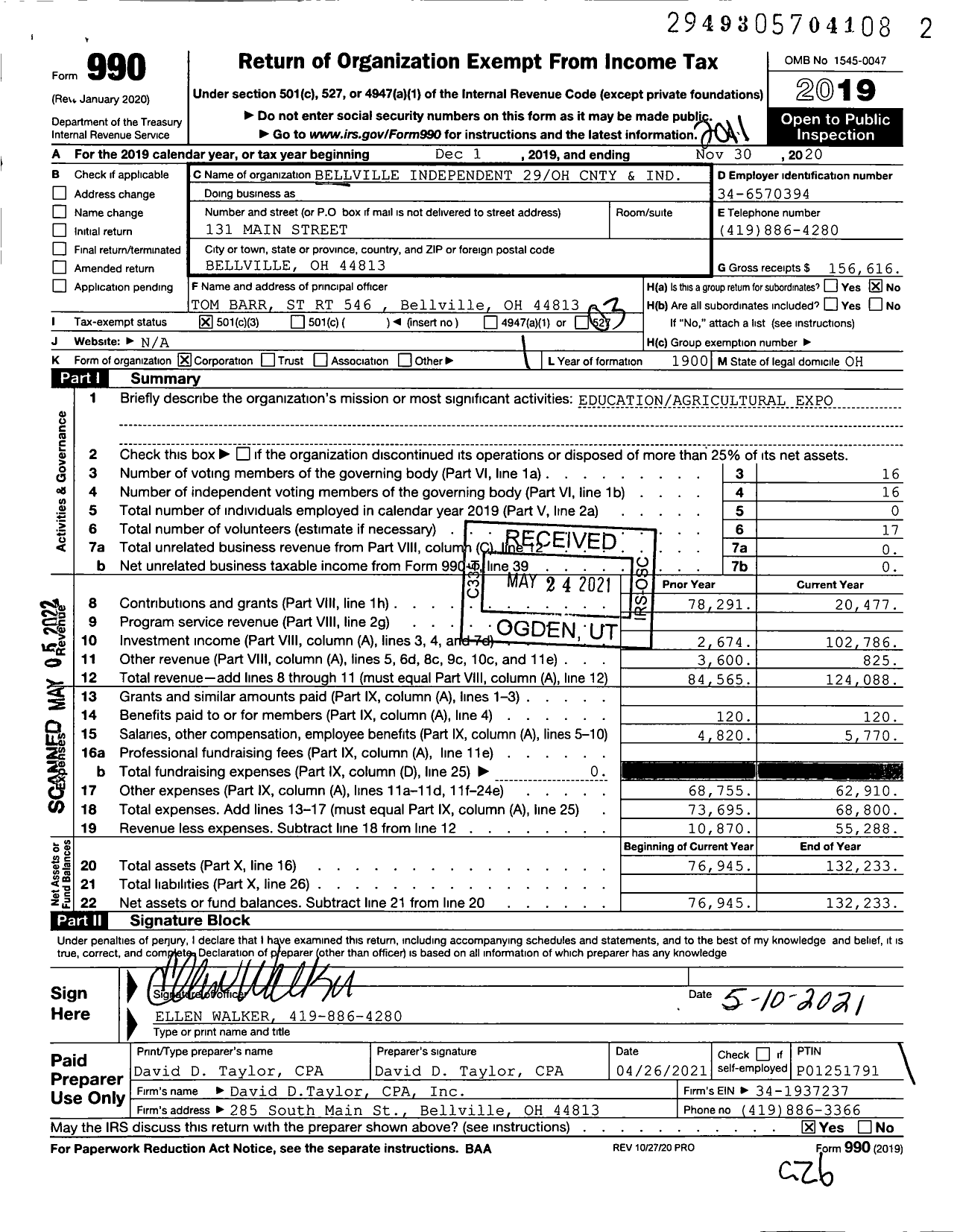 Image of first page of 2019 Form 990 for Ohio County & Independent Agricultural Societies - Bellville Independent