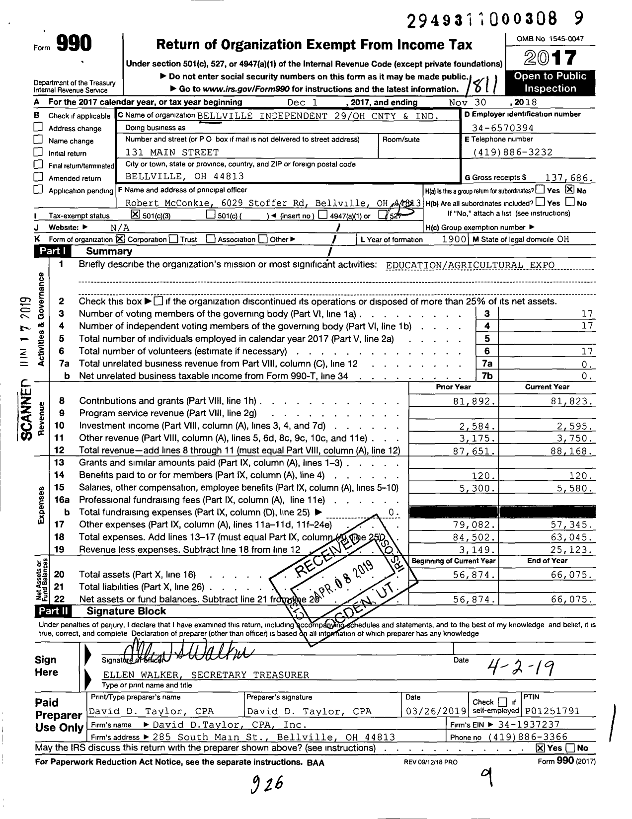 Image of first page of 2017 Form 990 for Ohio County & Independent Agricultural Societies - Bellville Independent