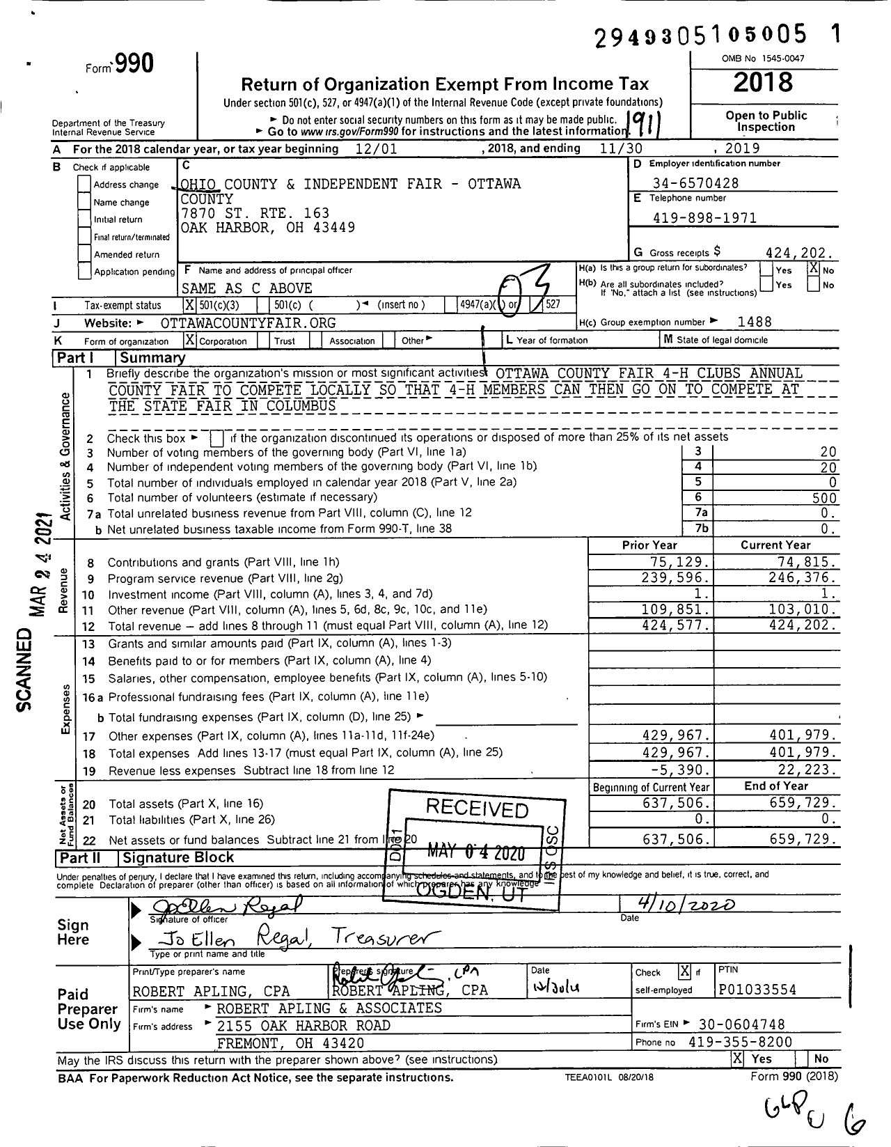 Image of first page of 2018 Form 990 for Ohio County and Independent Fair - Ottawa County