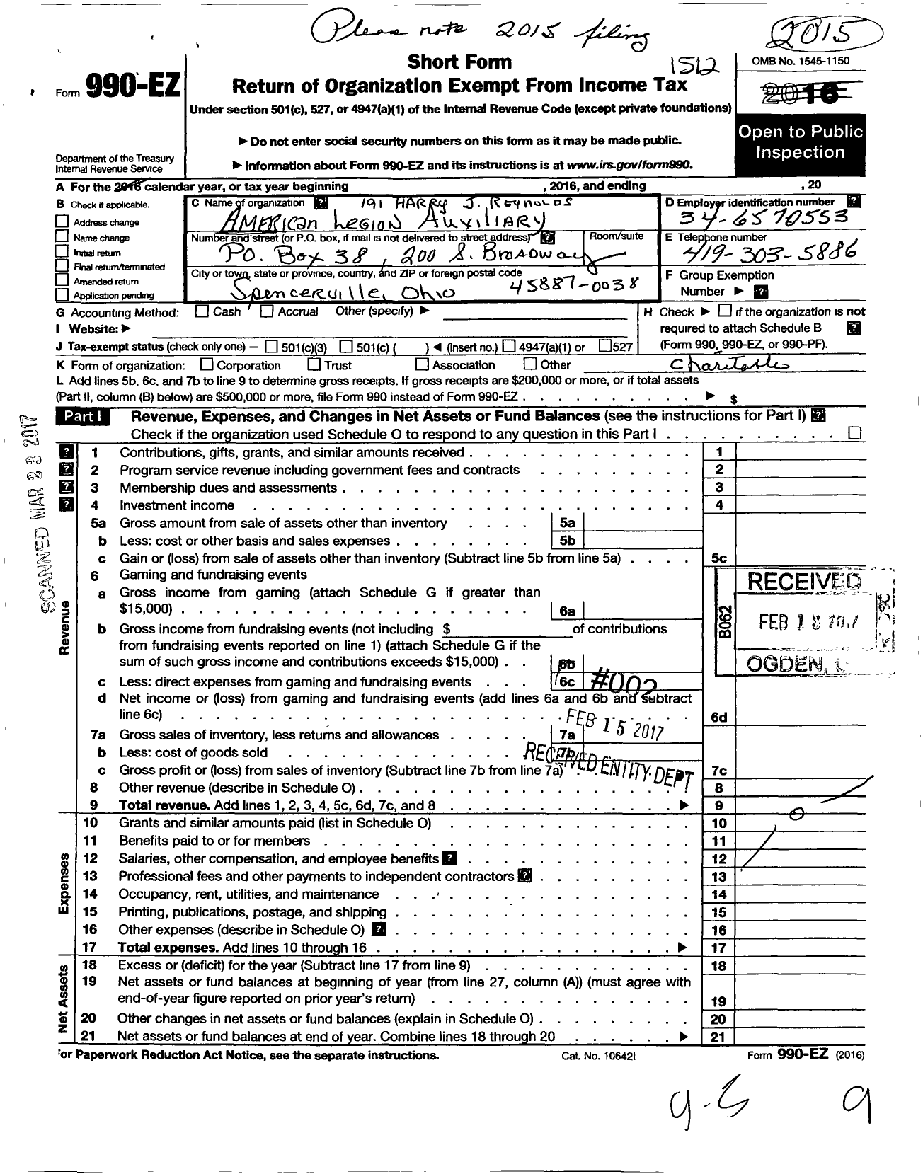 Image of first page of 2015 Form 990EO for American Legion Auxiliary - 191 Harry J Reynolds