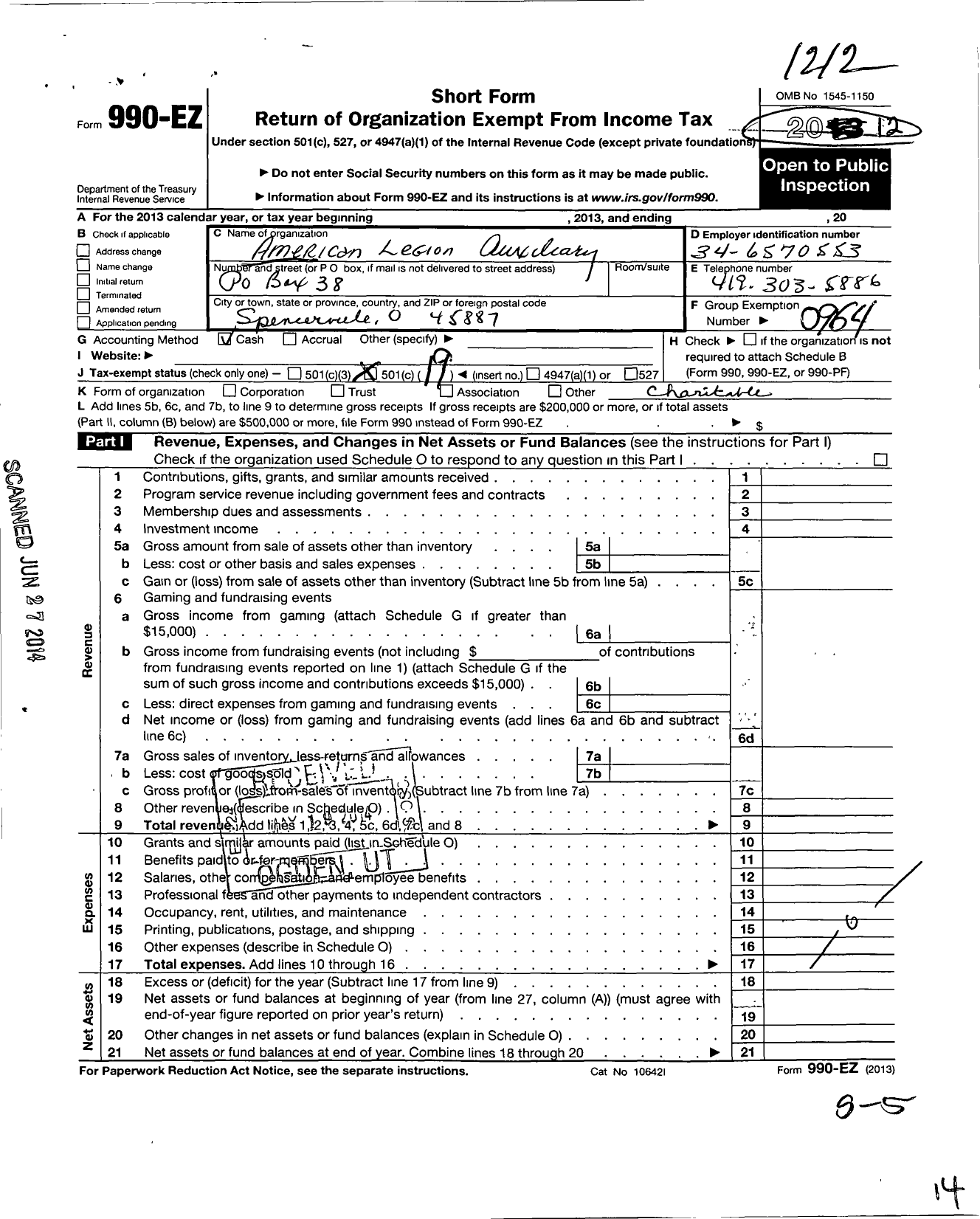 Image of first page of 2012 Form 990EO for American Legion Auxiliary - 191 Harry J Reynolds