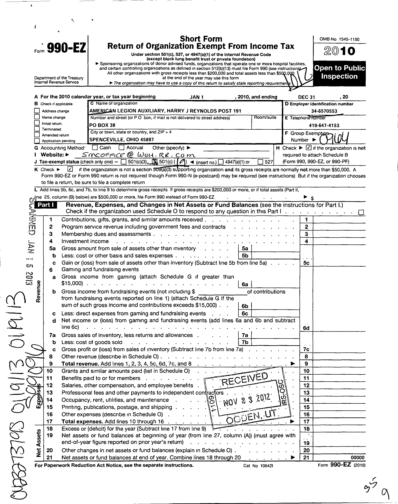 Image of first page of 2010 Form 990EO for American Legion Auxiliary - 191 Harry J Reynolds