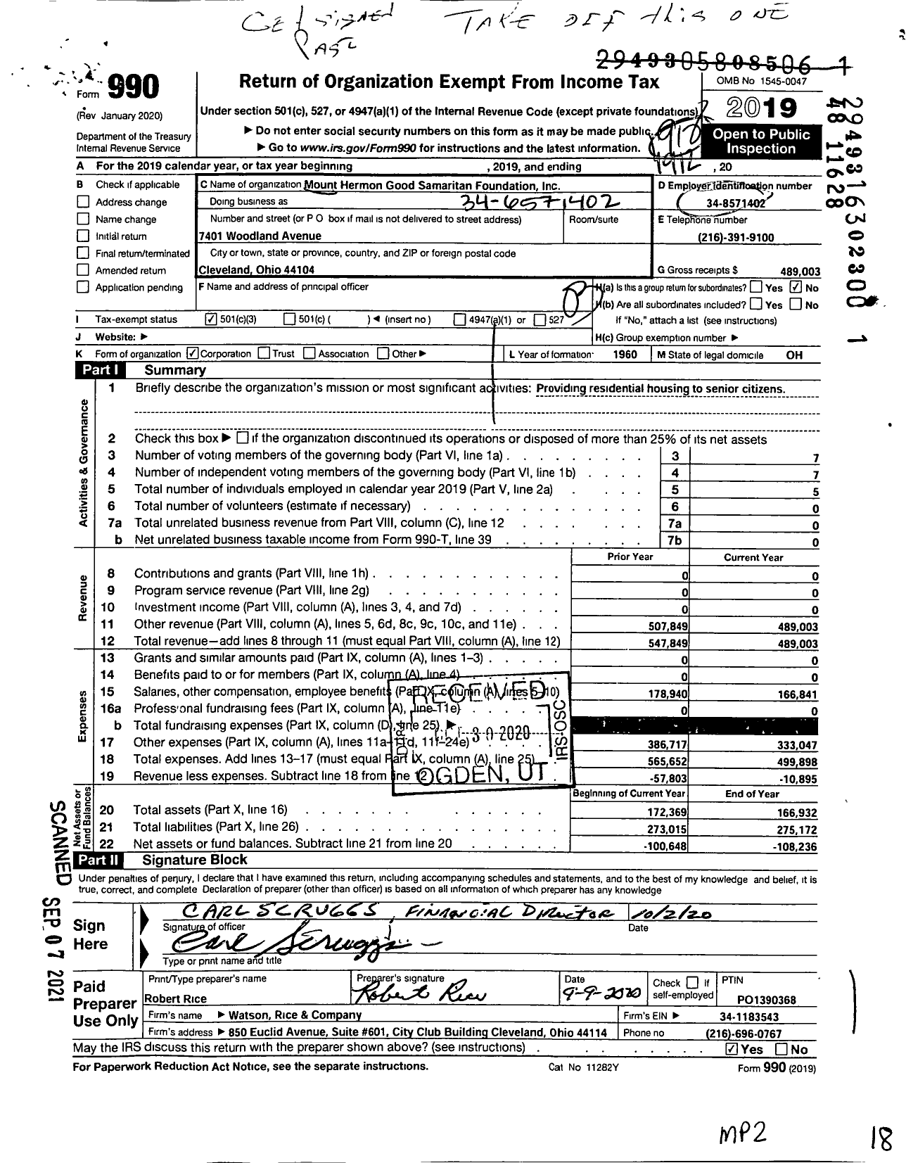 Image of first page of 2019 Form 990 for Mt Hermon Good Samaritan Foundation